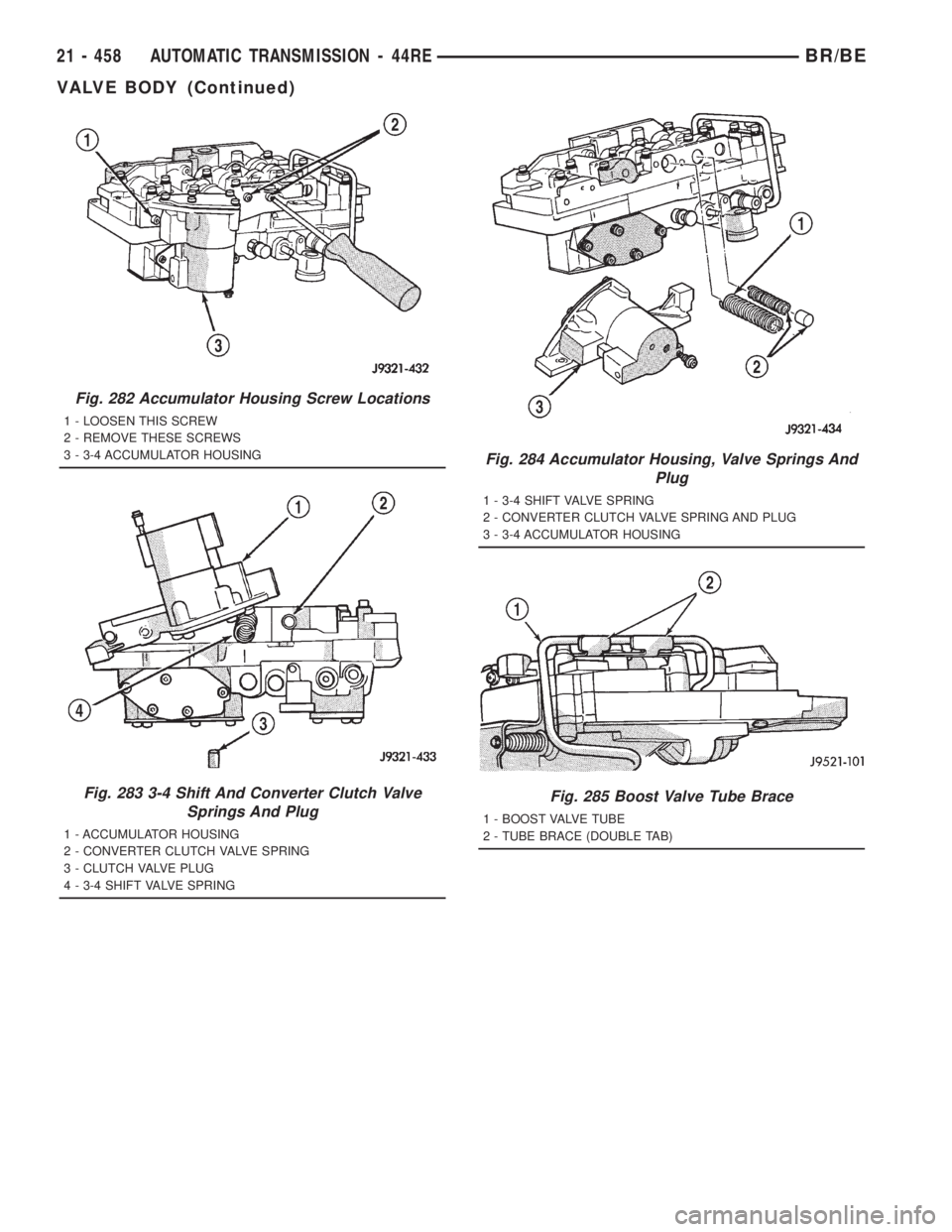 DODGE RAM 2001 Service Repair Manual Fig. 282 Accumulator Housing Screw Locations
1 - LOOSEN THIS SCREW
2 - REMOVE THESE SCREWS
3 - 3-4 ACCUMULATOR HOUSING
Fig. 283 3-4 Shift And Converter Clutch Valve
Springs And Plug
1 - ACCUMULATOR HO DODGE RAM 2001 Service Repair Manual Fig. 282 Accumulator Housing Screw Locations
1 - LOOSEN THIS SCREW
2 - REMOVE THESE SCREWS
3 - 3-4 ACCUMULATOR HOUSING
Fig. 283 3-4 Shift And Converter Clutch Valve
Springs And Plug
1 - ACCUMULATOR HO