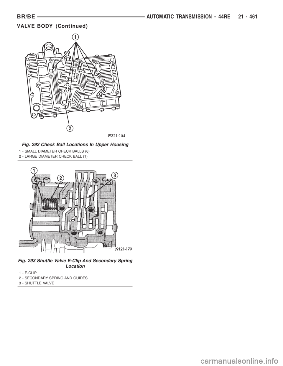 DODGE RAM 2001 Service Repair Manual Fig. 292 Check Ball Locations In Upper Housing
1 - SMALL DIAMETER CHECK BALLS (6)
2 - LARGE DIAMETER CHECK BALL (1)
Fig. 293 Shuttle Valve E-Clip And Secondary Spring
Location
1 - E-CLIP
2 - SECONDARY DODGE RAM 2001 Service Repair Manual Fig. 292 Check Ball Locations In Upper Housing
1 - SMALL DIAMETER CHECK BALLS (6)
2 - LARGE DIAMETER CHECK BALL (1)
Fig. 293 Shuttle Valve E-Clip And Secondary Spring
Location
1 - E-CLIP
2 - SECONDARY
