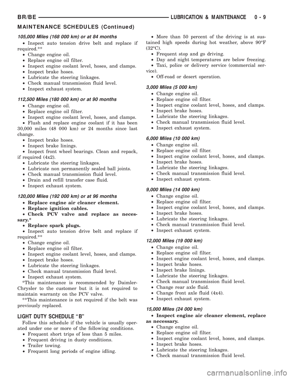 DODGE RAM 2001 Service Repair Manual 105,000 Miles (168 000 km) or at 84 months
²Inspect auto tension drive belt and replace if
required.**
²Change engine oil.
²Replace engine oil filter.
²Inspect engine coolant level, hoses, and cla DODGE RAM 2001 Service Repair Manual 105,000 Miles (168 000 km) or at 84 months
²Inspect auto tension drive belt and replace if
required.**
²Change engine oil.
²Replace engine oil filter.
²Inspect engine coolant level, hoses, and cla