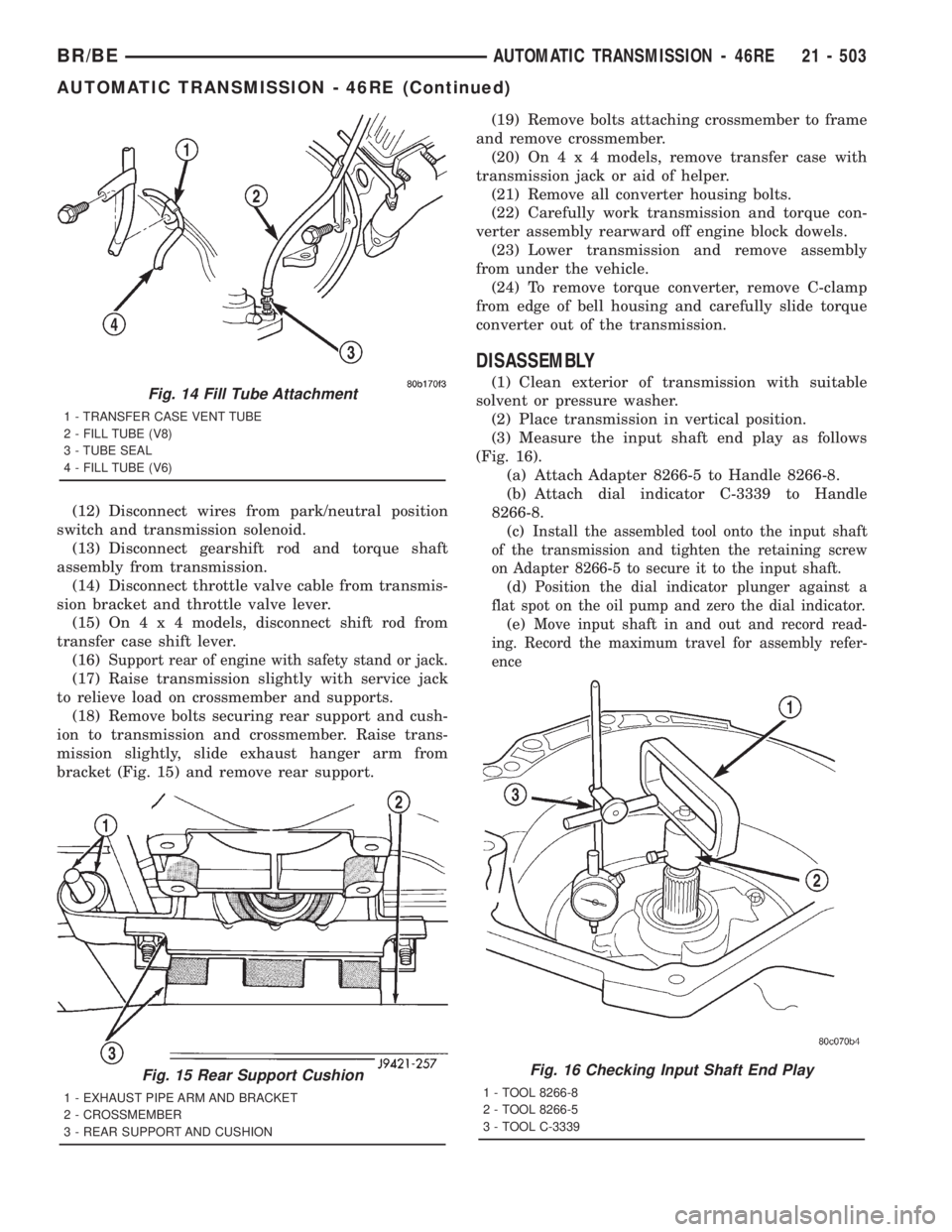 DODGE RAM 2001 Service Repair Manual (12) Disconnect wires from park/neutral position
switch and transmission solenoid.
(13) Disconnect gearshift rod and torque shaft
assembly from transmission.
(14) Disconnect throttle valve cable from DODGE RAM 2001 Service Repair Manual (12) Disconnect wires from park/neutral position
switch and transmission solenoid.
(13) Disconnect gearshift rod and torque shaft
assembly from transmission.
(14) Disconnect throttle valve cable from