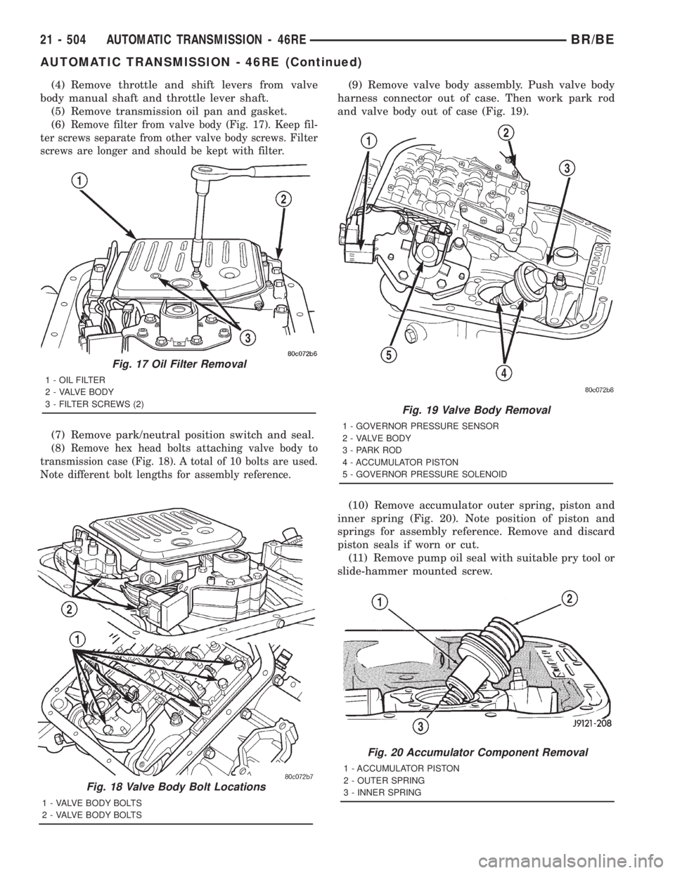 DODGE RAM 2001 Service Repair Manual (4) Remove throttle and shift levers from valve
body manual shaft and throttle lever shaft.
(5) Remove transmission oil pan and gasket.
(6)
Remove filter from valve body (Fig. 17). Keep fil-
ter screw DODGE RAM 2001 Service Repair Manual (4) Remove throttle and shift levers from valve
body manual shaft and throttle lever shaft.
(5) Remove transmission oil pan and gasket.
(6)
Remove filter from valve body (Fig. 17). Keep fil-
ter screw
