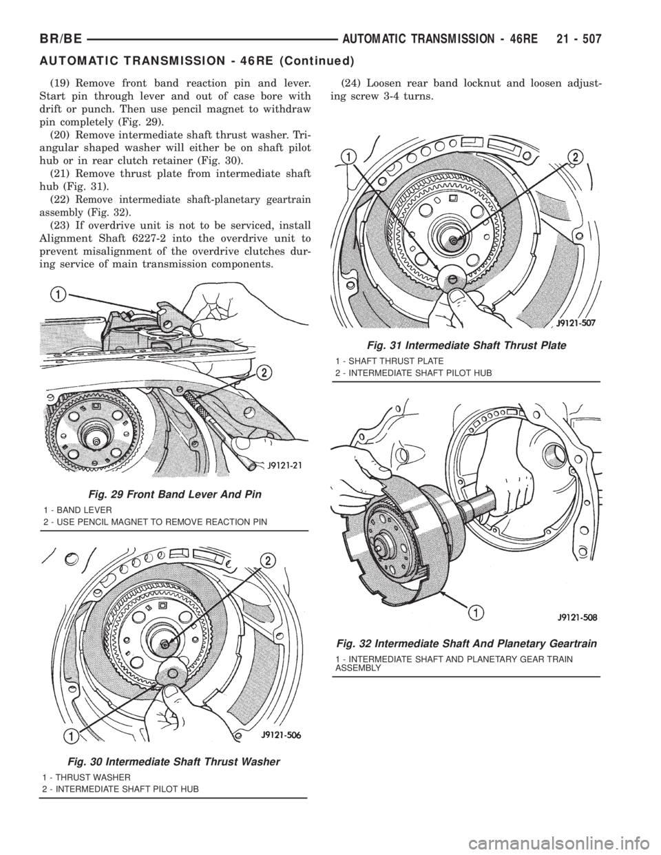 DODGE RAM 2001 Service Repair Manual (19) Remove front band reaction pin and lever.
Start pin through lever and out of case bore with
drift or punch. Then use pencil magnet to withdraw
pin completely (Fig. 29).
(20) Remove intermediate s DODGE RAM 2001 Service Repair Manual (19) Remove front band reaction pin and lever.
Start pin through lever and out of case bore with
drift or punch. Then use pencil magnet to withdraw
pin completely (Fig. 29).
(20) Remove intermediate s