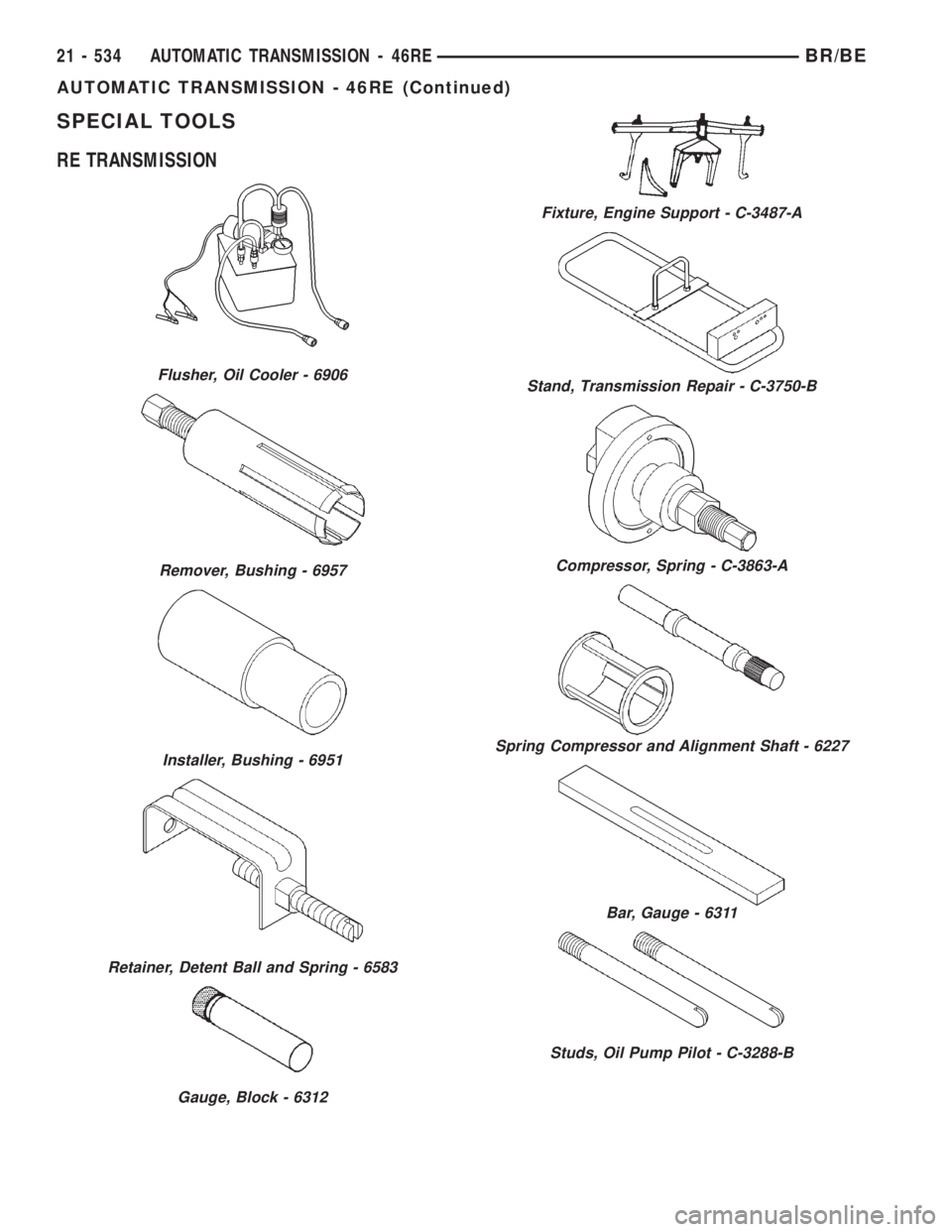 DODGE RAM 2001  Service Repair Manual SPECIAL TOOLS
RE TRANSMISSION
Flusher, Oil Cooler - 6906
Remover, Bushing - 6957
Installer, Bushing - 6951
Retainer, Detent Ball and Spring - 6583
Gauge, Block - 6312
Fixture, Engine Support - C-3487-