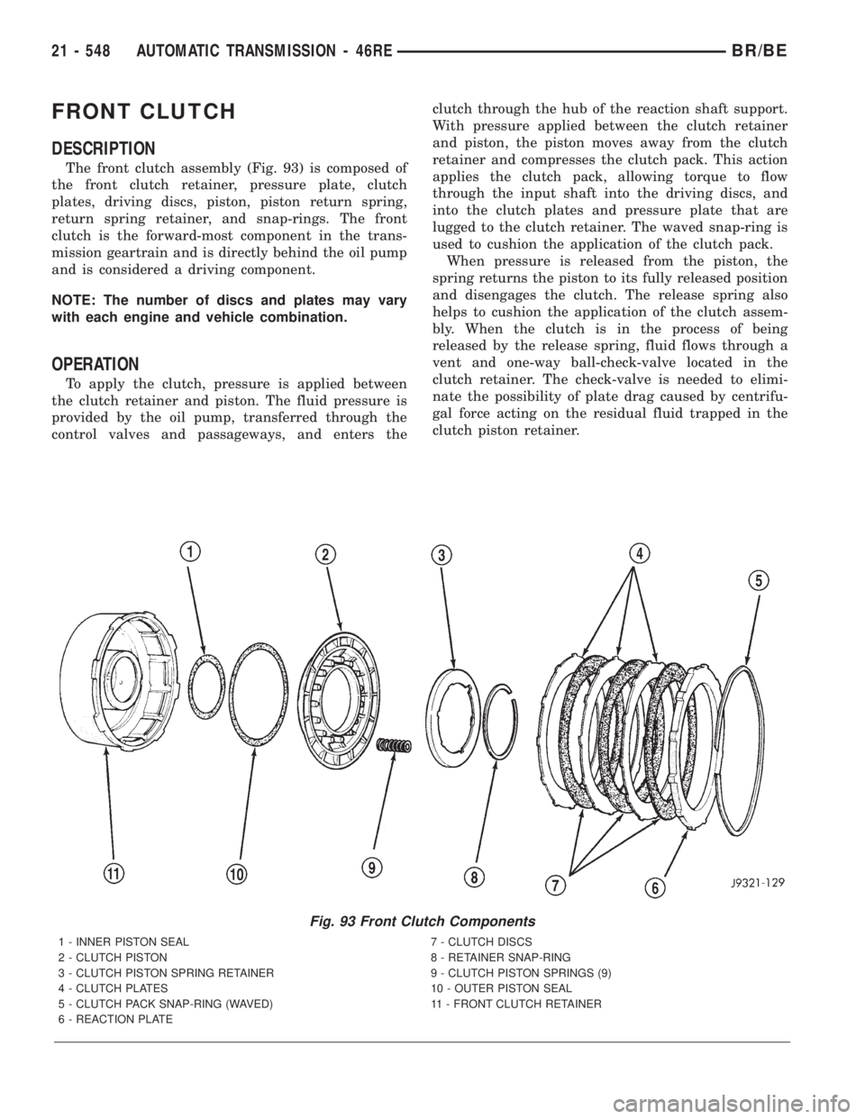 DODGE RAM 2001  Service Repair Manual FRONT CLUTCH
DESCRIPTION
The front clutch assembly (Fig. 93) is composed of
the front clutch retainer, pressure plate, clutch
plates, driving discs, piston, piston return spring,
return spring retaine