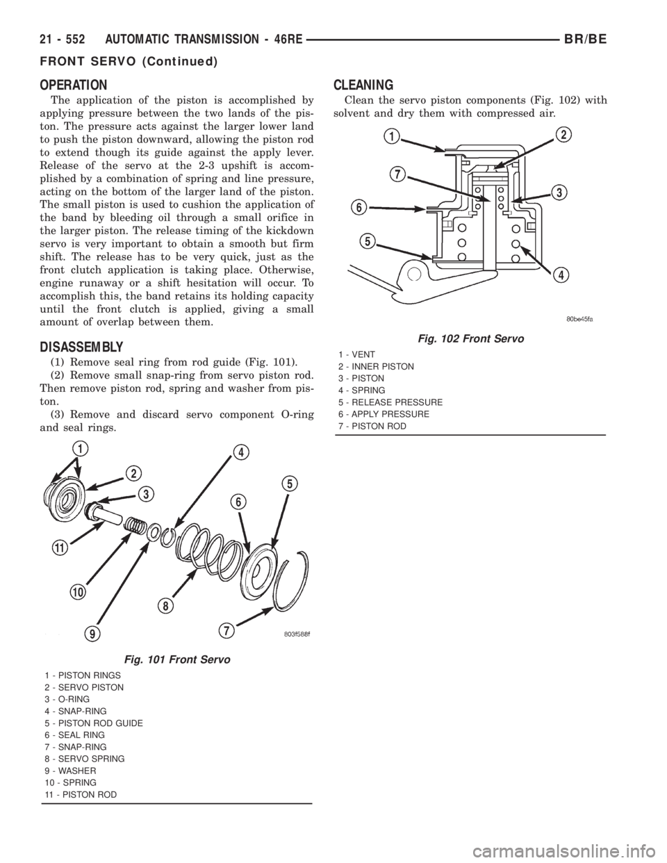DODGE RAM 2001  Service Repair Manual OPERATION
The application of the piston is accomplished by
applying pressure between the two lands of the pis-
ton. The pressure acts against the larger lower land
to push the piston downward, allowin