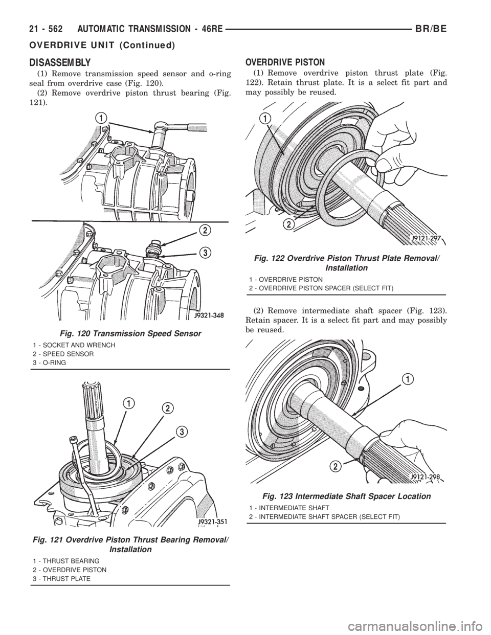 DODGE RAM 2001  Service Repair Manual DISASSEMBLY
(1) Remove transmission speed sensor and o-ring
seal from overdrive case (Fig. 120).
(2) Remove overdrive piston thrust bearing (Fig.
121).
OVERDRIVE PISTON
(1) Remove overdrive piston thr