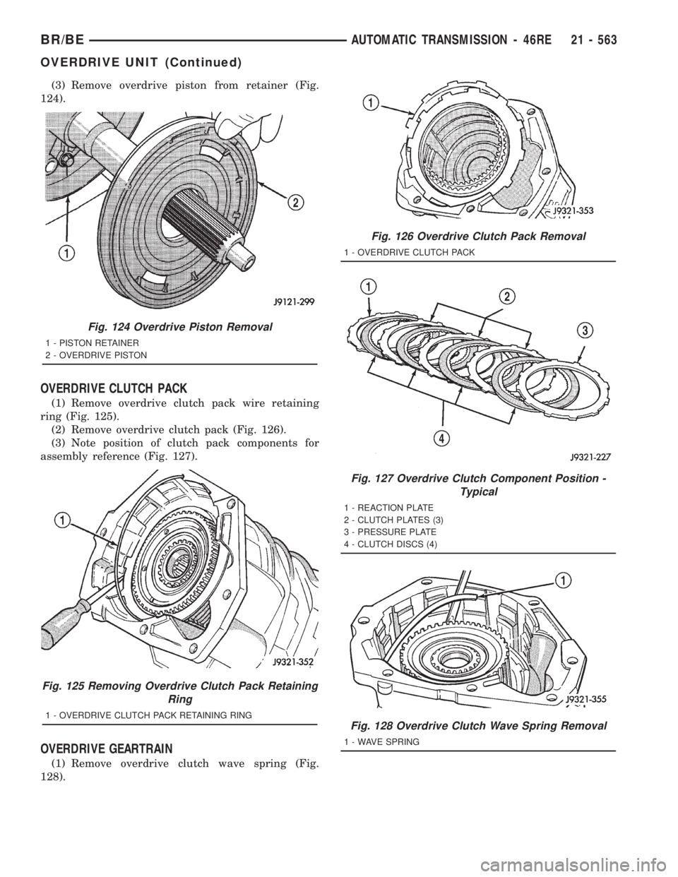 DODGE RAM 2001  Service Repair Manual (3) Remove overdrive piston from retainer (Fig.
124).
OVERDRIVE CLUTCH PACK
(1) Remove overdrive clutch pack wire retaining
ring (Fig. 125).
(2) Remove overdrive clutch pack (Fig. 126).
(3) Note posit