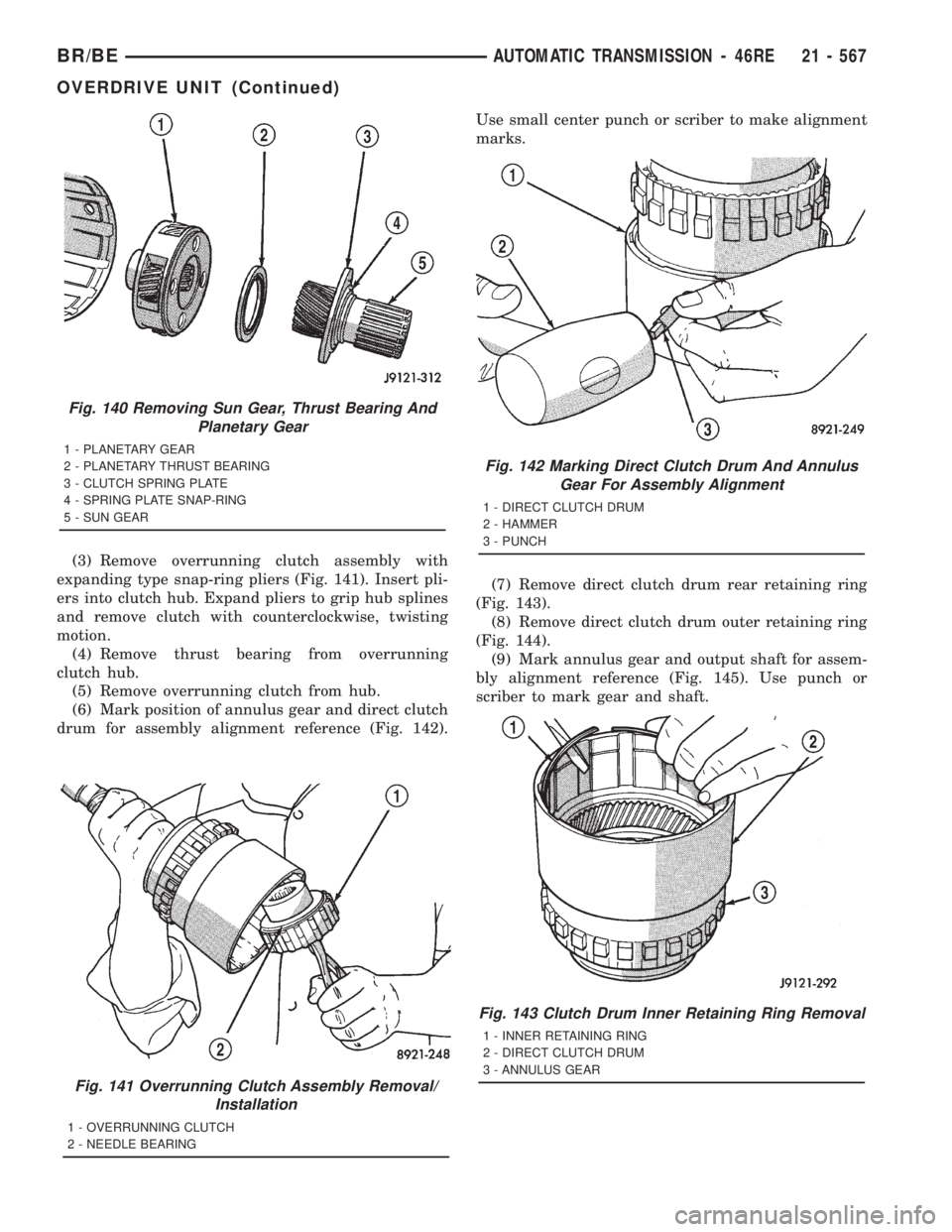 DODGE RAM 2001 Service Repair Manual (3) Remove overrunning clutch assembly with
expanding type snap-ring pliers (Fig. 141). Insert pli-
ers into clutch hub. Expand pliers to grip hub splines
and remove clutch with counterclockwise, twis DODGE RAM 2001 Service Repair Manual (3) Remove overrunning clutch assembly with
expanding type snap-ring pliers (Fig. 141). Insert pli-
ers into clutch hub. Expand pliers to grip hub splines
and remove clutch with counterclockwise, twis