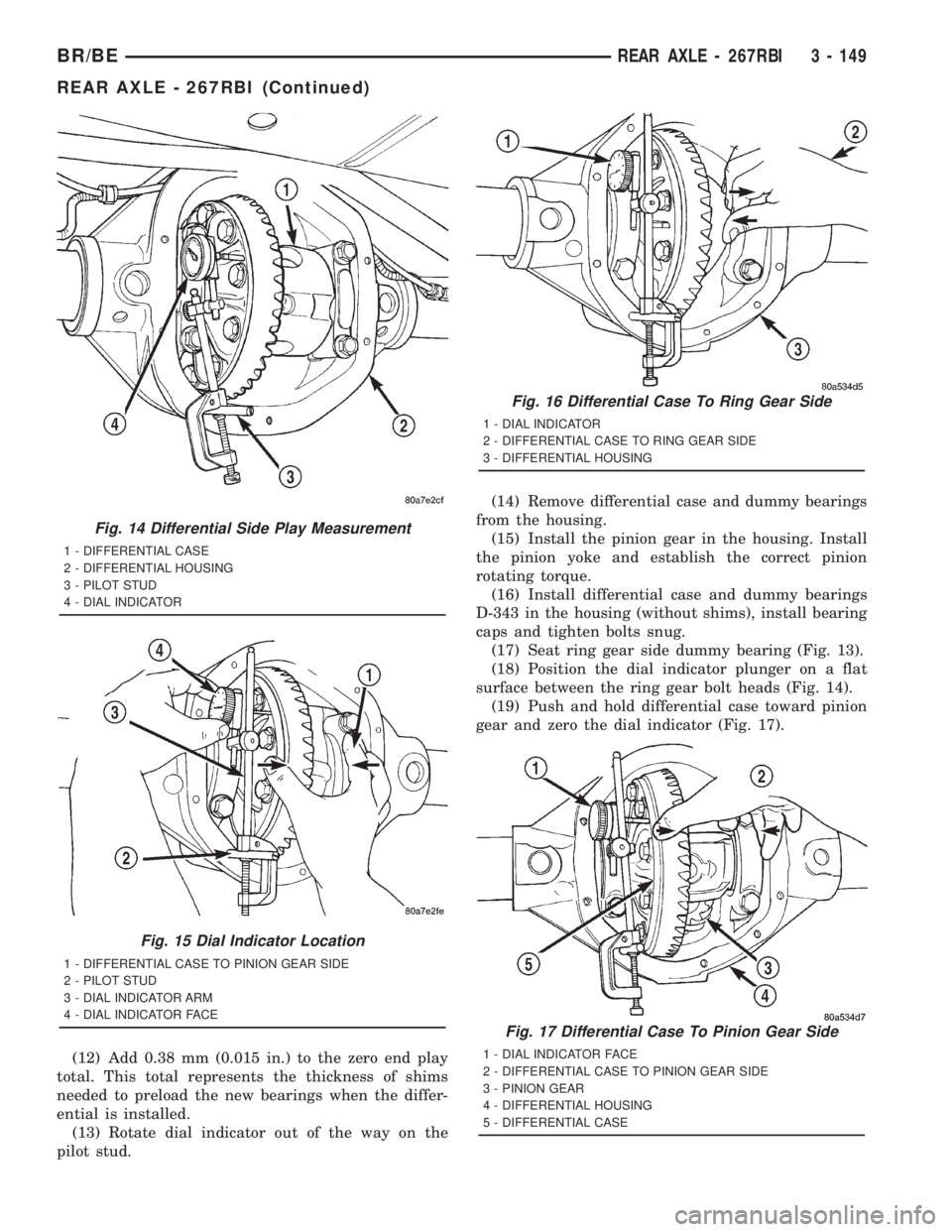 DODGE RAM 2001  Service Repair Manual (12) Add 0.38 mm (0.015 in.) to the zero end play
total. This total represents the thickness of shims
needed to preload the new bearings when the differ-
ential is installed.
(13) Rotate dial indicato