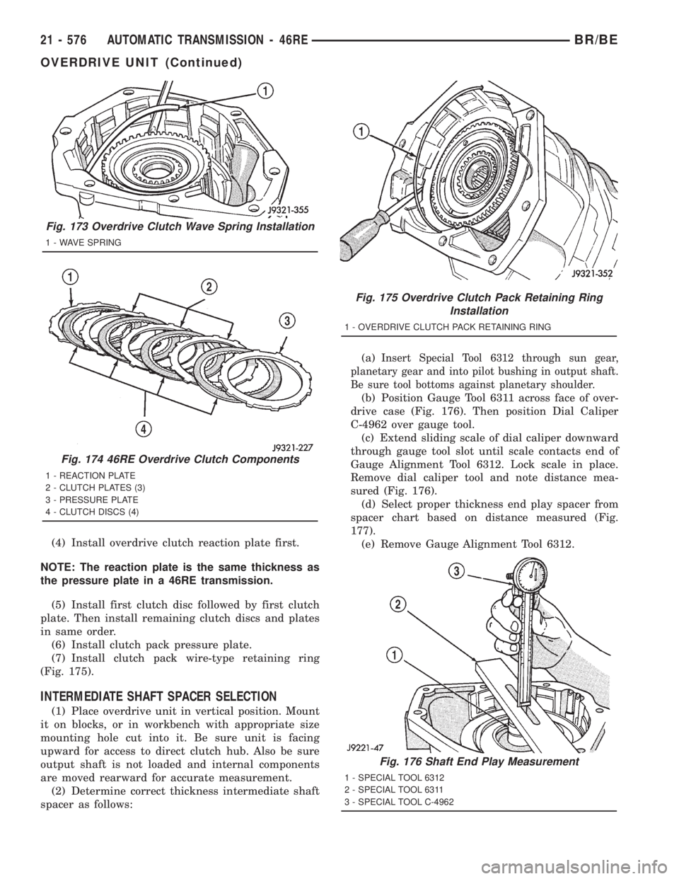 DODGE RAM 2001  Service Repair Manual (4) Install overdrive clutch reaction plate first.
NOTE: The reaction plate is the same thickness as
the pressure plate in a 46RE transmission.
(5) Install first clutch disc followed by first clutch
p