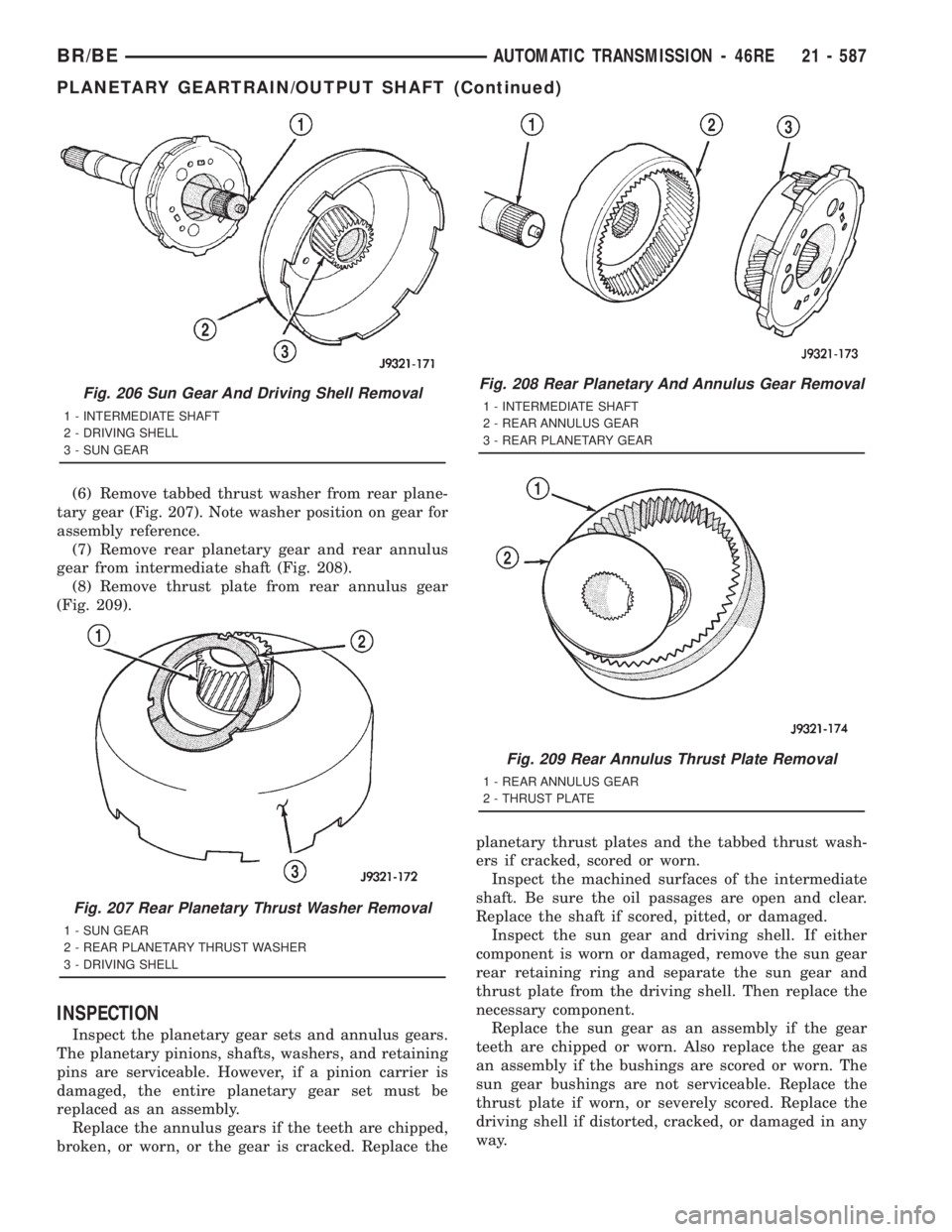 DODGE RAM 2001  Service Repair Manual (6) Remove tabbed thrust washer from rear plane-
tary gear (Fig. 207). Note washer position on gear for
assembly reference.
(7) Remove rear planetary gear and rear annulus
gear from intermediate shaft