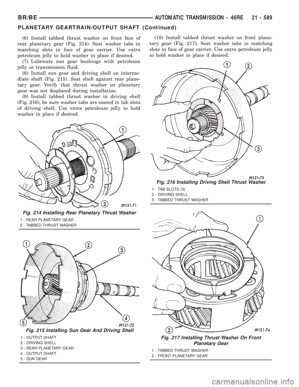 DODGE RAM 2001  Service Repair Manual (6) Install tabbed thrust washer on front face of
rear planetary gear (Fig. 214). Seat washer tabs in
matching slots in face of gear carrier. Use extra
petroleum jelly to hold washer in place if desir