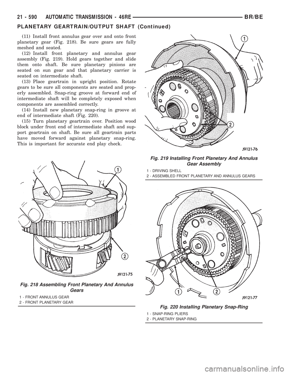 DODGE RAM 2001  Service Repair Manual (11) Install front annulus gear over and onto front
planetary gear (Fig. 218). Be sure gears are fully
meshed and seated.
(12) Install front planetary and annulus gear
assembly (Fig. 219). Hold gears 