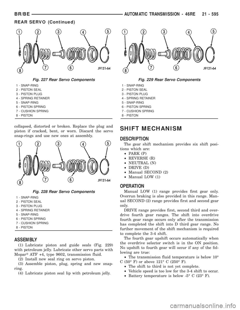 DODGE RAM 2001  Service Repair Manual collapsed, distorted or broken. Replace the plug and
piston if cracked, bent, or worn. Discard the servo
snap-rings and use new ones at assembly.
ASSEMBLY
(1) Lubricate piston and guide seals (Fig. 22