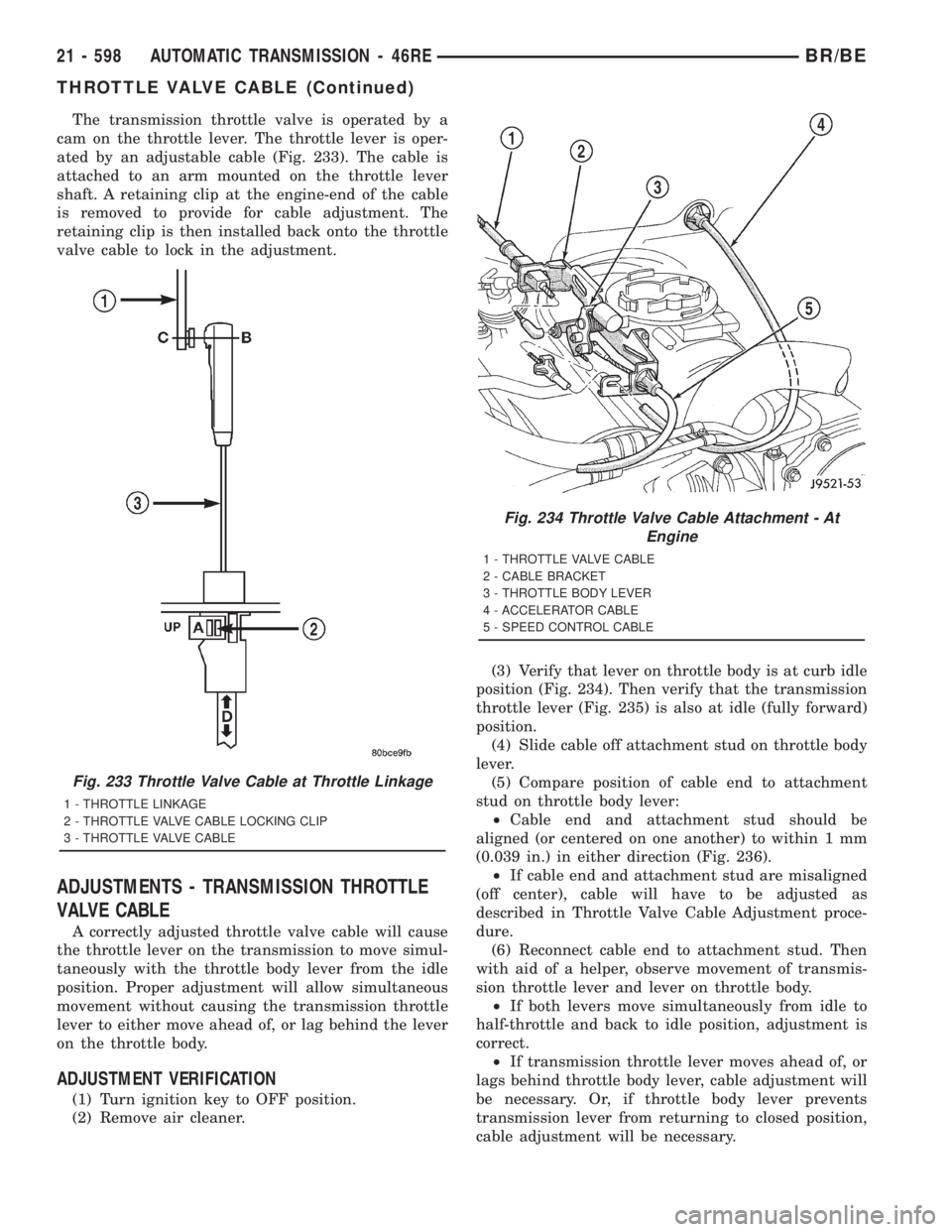 DODGE RAM 2001  Service Repair Manual The transmission throttle valve is operated by a
cam on the throttle lever. The throttle lever is oper-
ated by an adjustable cable (Fig. 233). The cable is
attached to an arm mounted on the throttle 