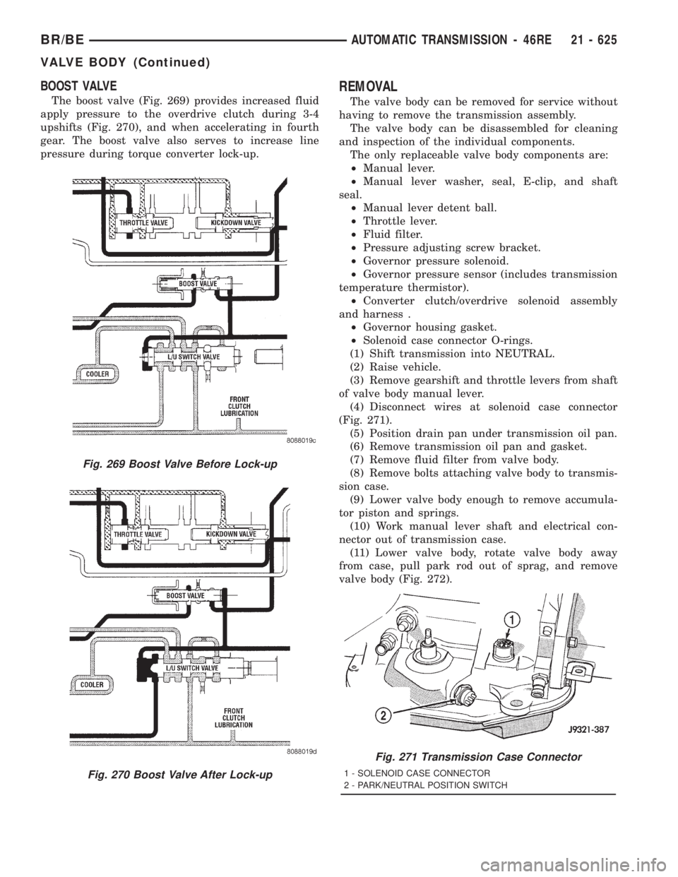 DODGE RAM 2001  Service Repair Manual BOOST VALVE
The boost valve (Fig. 269) provides increased fluid
apply pressure to the overdrive clutch during 3-4
upshifts (Fig. 270), and when accelerating in fourth
gear. The boost valve also serves