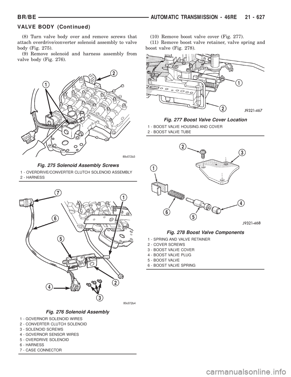 DODGE RAM 2001  Service Repair Manual (8) Turn valve body over and remove screws that
attach overdrive/converter solenoid assembly to valve
body (Fig. 275).
(9) Remove solenoid and harness assembly from
valve body (Fig. 276).(10) Remove b