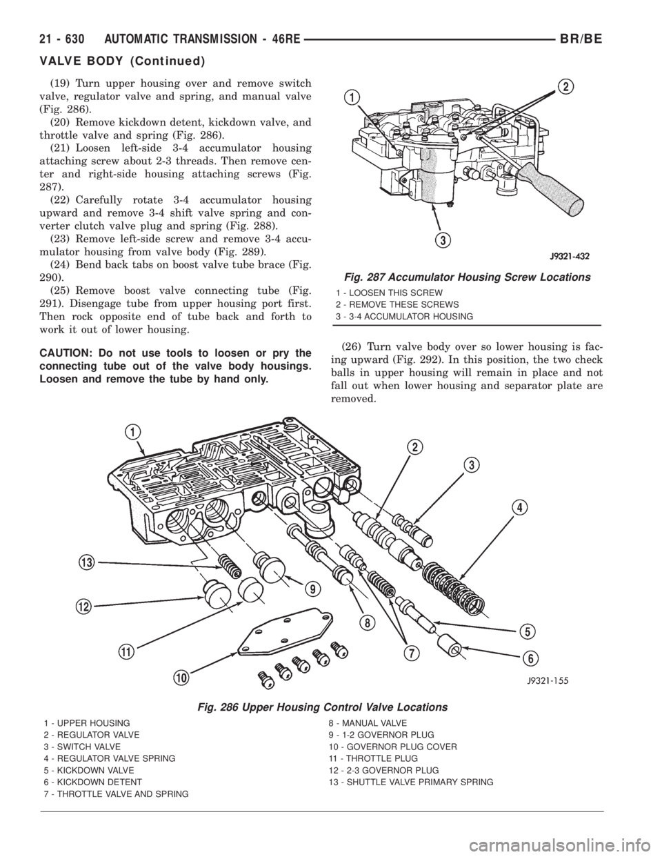 DODGE RAM 2001  Service Repair Manual (19) Turn upper housing over and remove switch
valve, regulator valve and spring, and manual valve
(Fig. 286).
(20) Remove kickdown detent, kickdown valve, and
throttle valve and spring (Fig. 286).
(2
