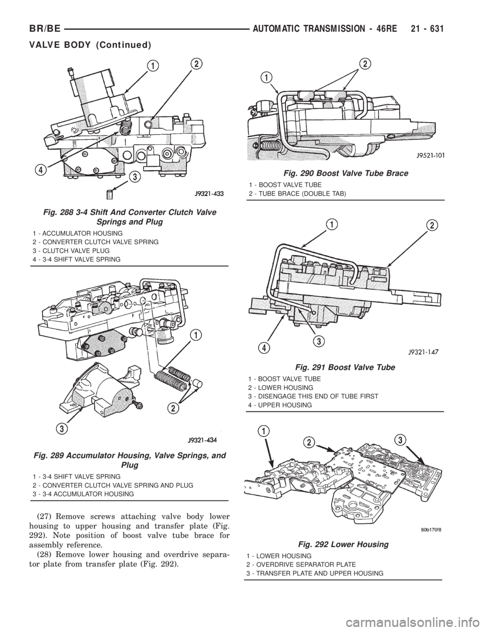 DODGE RAM 2001  Service Repair Manual (27) Remove screws attaching valve body lower
housing to upper housing and transfer plate (Fig.
292). Note position of boost valve tube brace for
assembly reference.
(28) Remove lower housing and over