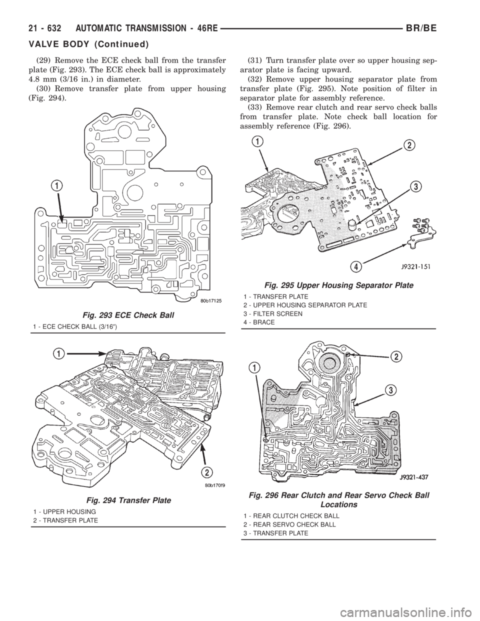 DODGE RAM 2001  Service Repair Manual (29) Remove the ECE check ball from the transfer
plate (Fig. 293). The ECE check ball is approximately
4.8 mm (3/16 in.) in diameter.
(30) Remove transfer plate from upper housing
(Fig. 294).(31) Turn