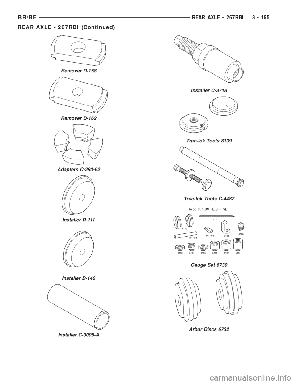 DODGE RAM 2001  Service Repair Manual Remover D-158
Remover D-162
Adapters C-293-62
Installer D-111
Installer D-146
Installer C-3095-A
Installer C-3718
Trac-lok Tools 8139
Trac-lok Tools C-4487
Gauge Set 6730
Arbor Discs 6732
BR/BEREAR AX