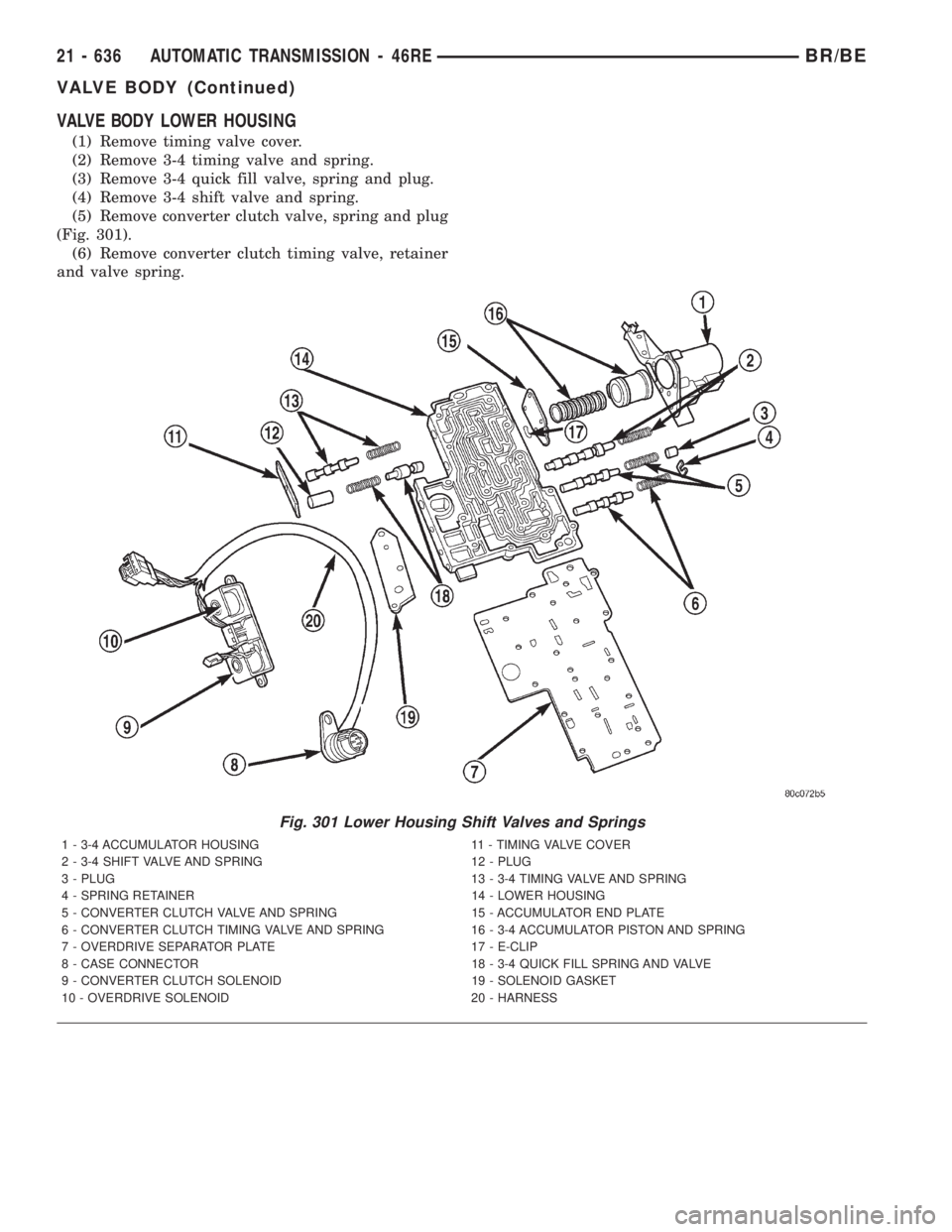 DODGE RAM 2001  Service Repair Manual VALVE BODY LOWER HOUSING
(1) Remove timing valve cover.
(2) Remove 3-4 timing valve and spring.
(3) Remove 3-4 quick fill valve, spring and plug.
(4) Remove 3-4 shift valve and spring.
(5) Remove conv