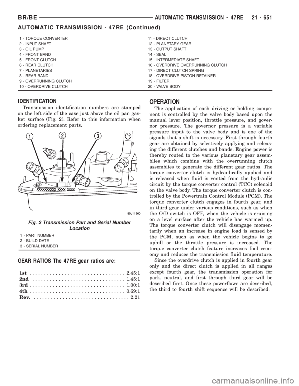 DODGE RAM 2001  Service Repair Manual IDENTIFICATION
Transmission identification numbers are stamped
on the left side of the case just above the oil pan gas-
ket surface (Fig. 2). Refer to this information when
ordering replacement parts.