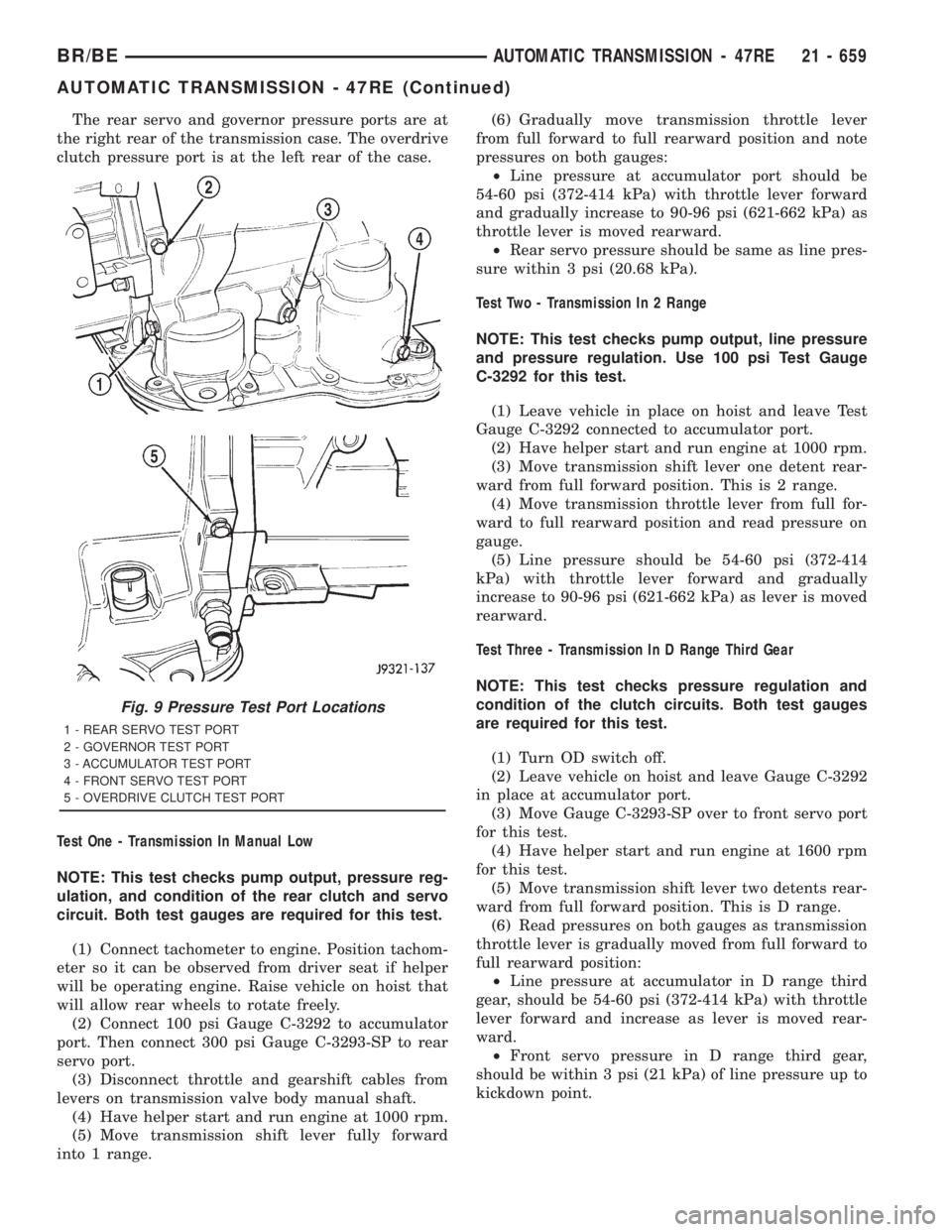 DODGE RAM 2001  Service Repair Manual The rear servo and governor pressure ports are at
the right rear of the transmission case. The overdrive
clutch pressure port is at the left rear of the case.
Test One - Transmission In Manual Low
NOT
