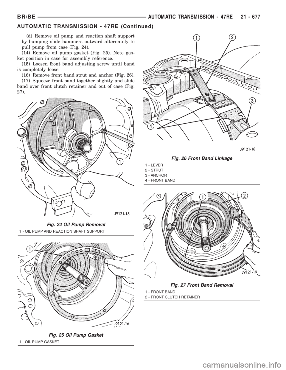 DODGE RAM 2001 Service Repair Manual (d) Remove oil pump and reaction shaft support
by bumping slide hammers outward alternately to
pull pump from case (Fig. 24).
(14) Remove oil pump gasket (Fig. 25). Note gas-
ket position in case for DODGE RAM 2001 Service Repair Manual (d) Remove oil pump and reaction shaft support
by bumping slide hammers outward alternately to
pull pump from case (Fig. 24).
(14) Remove oil pump gasket (Fig. 25). Note gas-
ket position in case for