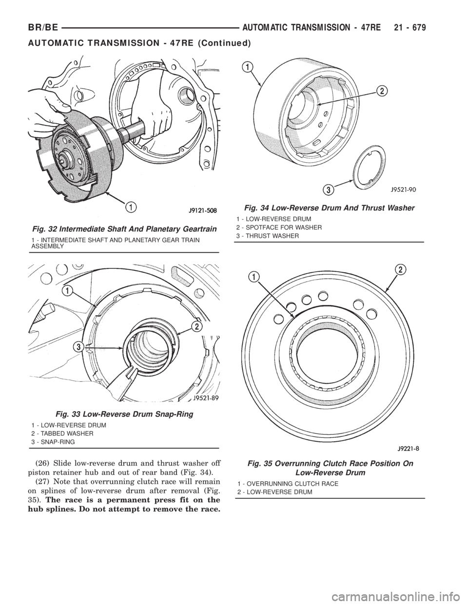 DODGE RAM 2001 Service Repair Manual (26) Slide low-reverse drum and thrust washer off
piston retainer hub and out of rear band (Fig. 34).
(27) Note that overrunning clutch race will remain
on splines of low-reverse drum after removal (F DODGE RAM 2001 Service Repair Manual (26) Slide low-reverse drum and thrust washer off
piston retainer hub and out of rear band (Fig. 34).
(27) Note that overrunning clutch race will remain
on splines of low-reverse drum after removal (F