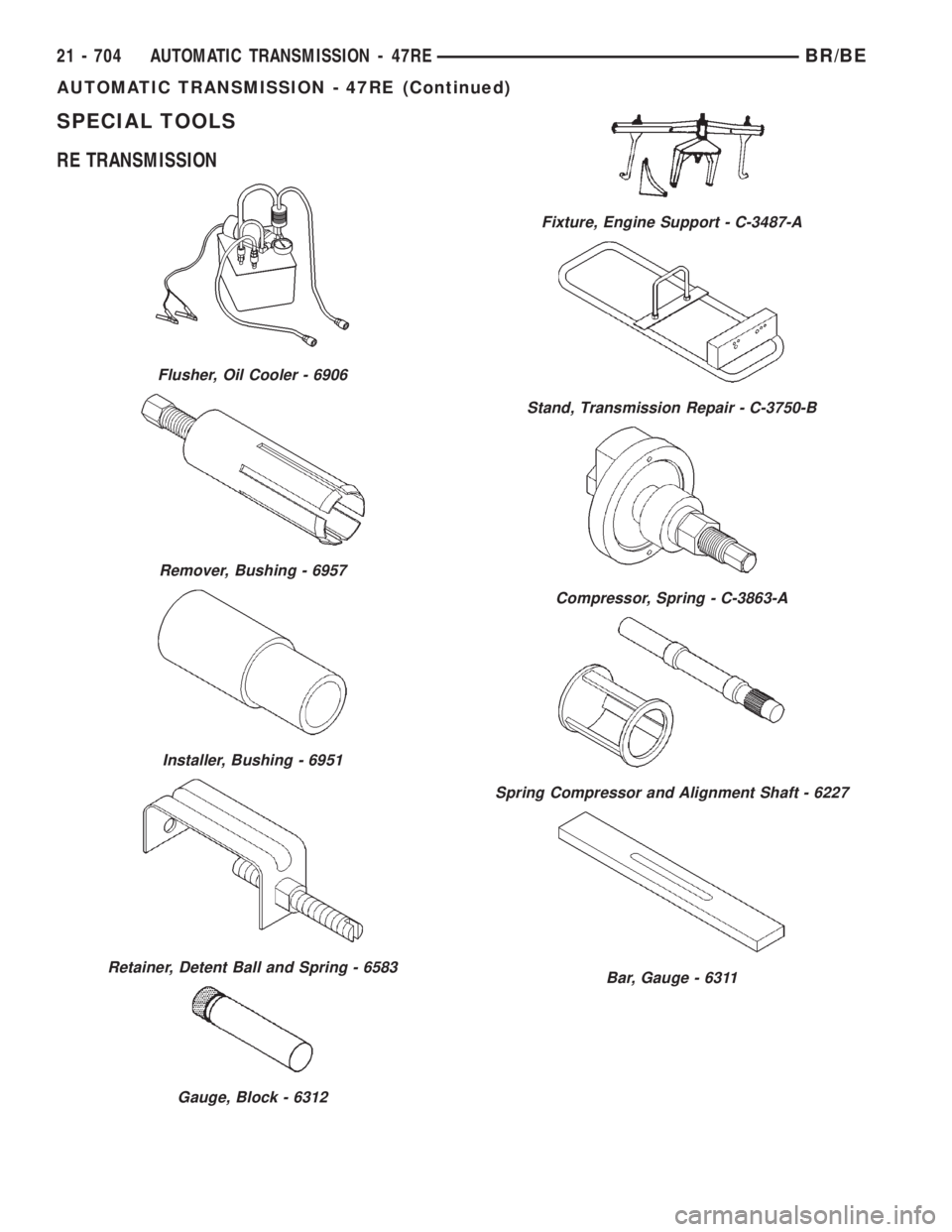 DODGE RAM 2001  Service Repair Manual SPECIAL TOOLS
RE TRANSMISSION
Flusher, Oil Cooler - 6906
Remover, Bushing - 6957
Installer, Bushing - 6951
Retainer, Detent Ball and Spring - 6583
Gauge, Block - 6312
Fixture, Engine Support - C-3487-