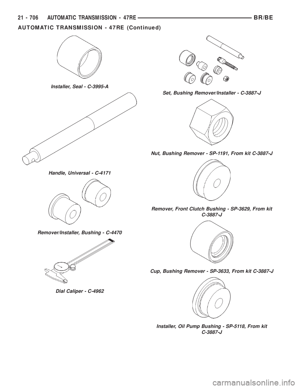 DODGE RAM 2001  Service Repair Manual Installer, Seal - C-3995-A
Handle, Universal - C-4171
Remover/Installer, Bushing - C-4470
Dial Caliper - C-4962
Set, Bushing Remover/Installer - C-3887-J
Nut, Bushing Remover - SP-1191, From kit C-388