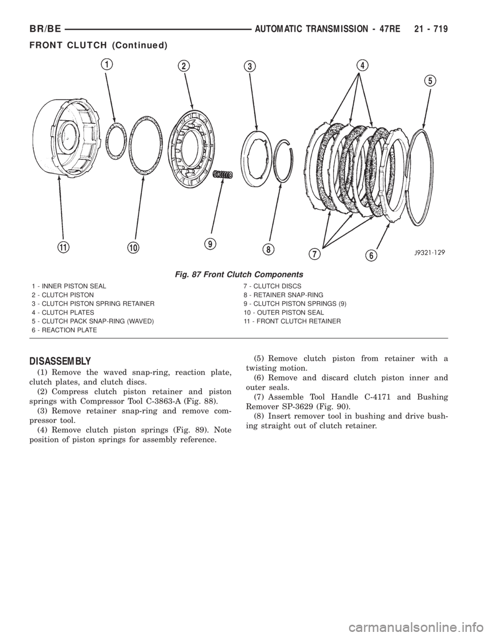 DODGE RAM 2001 Service Repair Manual DISASSEMBLY
(1) Remove the waved snap-ring, reaction plate,
clutch plates, and clutch discs.
(2) Compress clutch piston retainer and piston
springs with Compressor Tool C-3863-A (Fig. 88).
(3) Remove DODGE RAM 2001 Service Repair Manual DISASSEMBLY
(1) Remove the waved snap-ring, reaction plate,
clutch plates, and clutch discs.
(2) Compress clutch piston retainer and piston
springs with Compressor Tool C-3863-A (Fig. 88).
(3) Remove