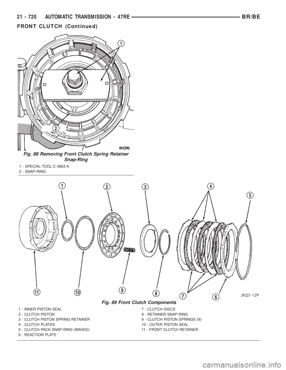 DODGE RAM 2001 Service Repair Manual Fig. 88 Removing Front Clutch Spring Retainer
Snap-Ring
1 - SPECIAL TOOL C-3863-A
2 - SNAP-RING
Fig. 89 Front Clutch Components
1 - INNER PISTON SEAL 7 - CLUTCH DISCS
2 - CLUTCH PISTON 8 - RETAINER SN DODGE RAM 2001 Service Repair Manual Fig. 88 Removing Front Clutch Spring Retainer
Snap-Ring
1 - SPECIAL TOOL C-3863-A
2 - SNAP-RING
Fig. 89 Front Clutch Components
1 - INNER PISTON SEAL 7 - CLUTCH DISCS
2 - CLUTCH PISTON 8 - RETAINER SN