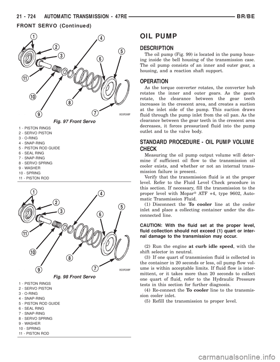 DODGE RAM 2001 Service Repair Manual OIL PUMP
DESCRIPTION
The oil pump (Fig. 99) is located in the pump hous-
ing inside the bell housing of the transmission case.
The oil pump consists of an inner and outer gear, a
housing, and a reacti DODGE RAM 2001 Service Repair Manual OIL PUMP
DESCRIPTION
The oil pump (Fig. 99) is located in the pump hous-
ing inside the bell housing of the transmission case.
The oil pump consists of an inner and outer gear, a
housing, and a reacti