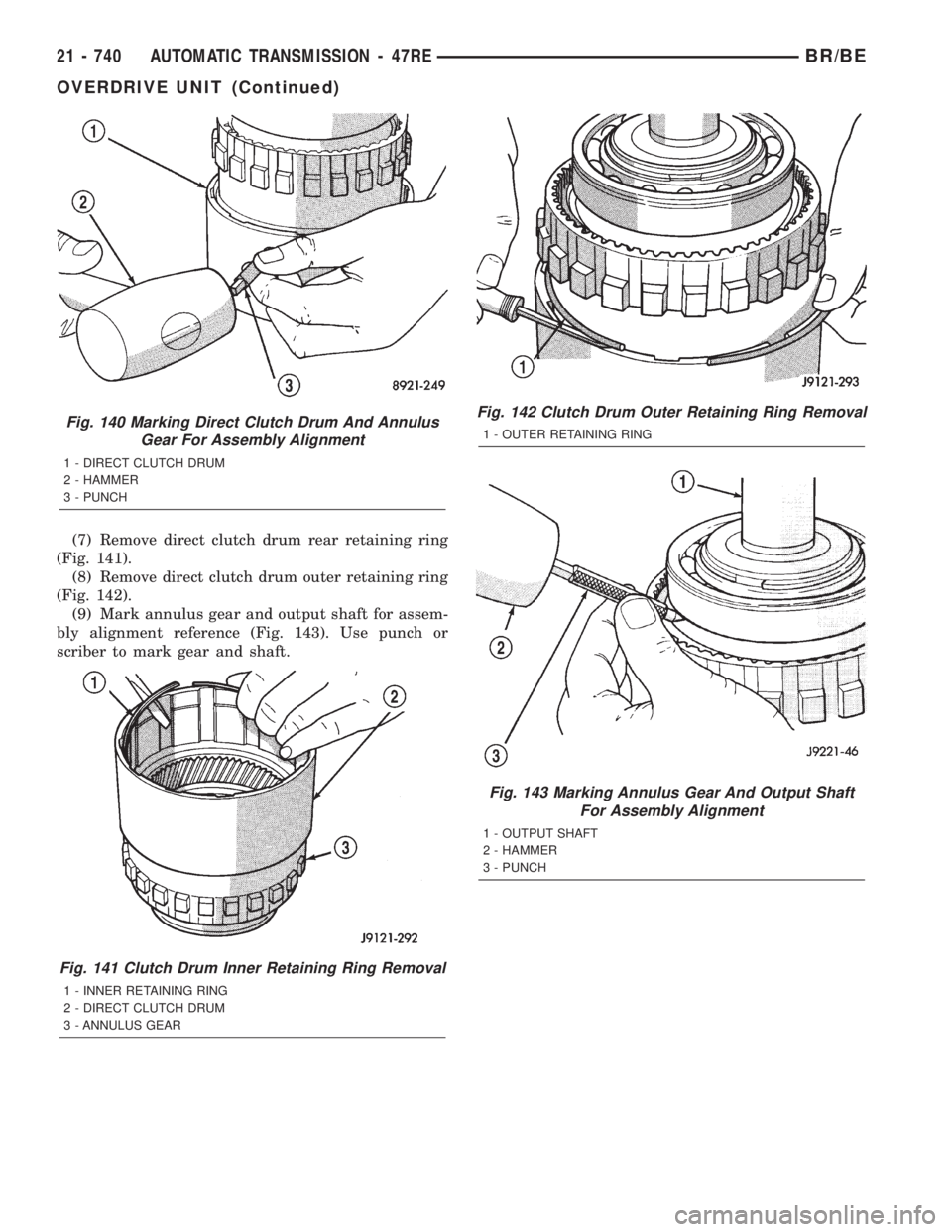 DODGE RAM 2001 Service Repair Manual (7) Remove direct clutch drum rear retaining ring
(Fig. 141).
(8) Remove direct clutch drum outer retaining ring
(Fig. 142).
(9) Mark annulus gear and output shaft for assem-
bly alignment reference ( DODGE RAM 2001 Service Repair Manual (7) Remove direct clutch drum rear retaining ring
(Fig. 141).
(8) Remove direct clutch drum outer retaining ring
(Fig. 142).
(9) Mark annulus gear and output shaft for assem-
bly alignment reference (