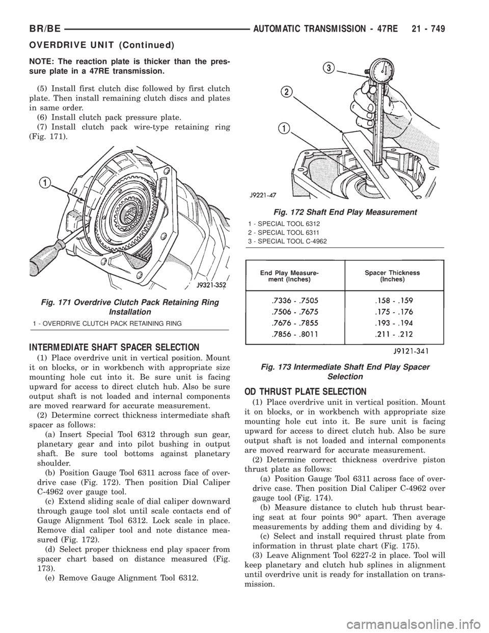 DODGE RAM 2001 Service Repair Manual NOTE: The reaction plate is thicker than the pres-
sure plate in a 47RE transmission.
(5) Install first clutch disc followed by first clutch
plate. Then install remaining clutch discs and plates
in sa DODGE RAM 2001 Service Repair Manual NOTE: The reaction plate is thicker than the pres-
sure plate in a 47RE transmission.
(5) Install first clutch disc followed by first clutch
plate. Then install remaining clutch discs and plates
in sa