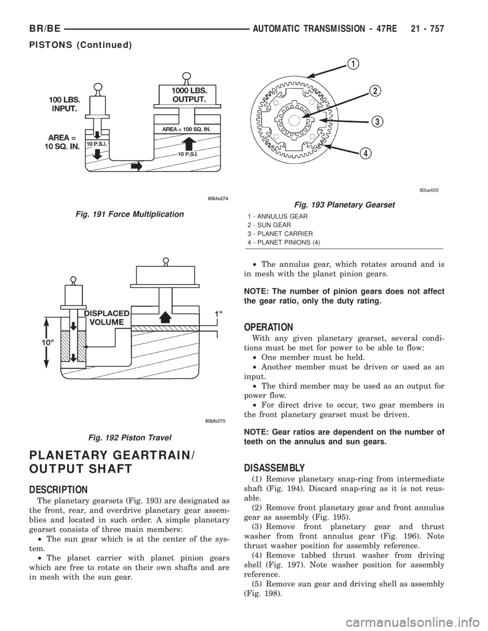 DODGE RAM 2001 Service Repair Manual PLANETARY GEARTRAIN/
OUTPUT SHAFT
DESCRIPTION
The planetary gearsets (Fig. 193) are designated as
the front, rear, and overdrive planetary gear assem-
blies and located in such order. A simple planeta DODGE RAM 2001 Service Repair Manual PLANETARY GEARTRAIN/
OUTPUT SHAFT
DESCRIPTION
The planetary gearsets (Fig. 193) are designated as
the front, rear, and overdrive planetary gear assem-
blies and located in such order. A simple planeta