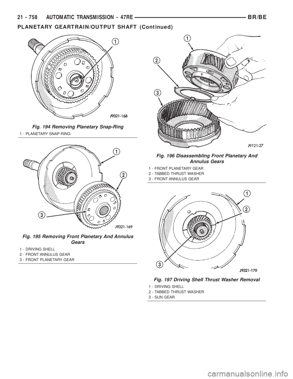 DODGE RAM 2001 Service Repair Manual Fig. 194 Removing Planetary Snap-Ring
1 - PLANETARY SNAP-RING
Fig. 195 Removing Front Planetary And Annulus
Gears
1 - DRIVING SHELL
2 - FRONT ANNULUS GEAR
3 - FRONT PLANETARY GEAR
Fig. 196 Disassembli DODGE RAM 2001 Service Repair Manual Fig. 194 Removing Planetary Snap-Ring
1 - PLANETARY SNAP-RING
Fig. 195 Removing Front Planetary And Annulus
Gears
1 - DRIVING SHELL
2 - FRONT ANNULUS GEAR
3 - FRONT PLANETARY GEAR
Fig. 196 Disassembli
