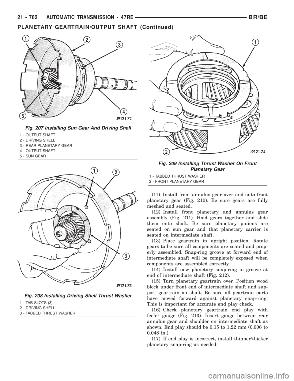 DODGE RAM 2001 Service Repair Manual (11) Install front annulus gear over and onto front
planetary gear (Fig. 210). Be sure gears are fully
meshed and seated.
(12) Install front planetary and annulus gear
assembly (Fig. 211). Hold gears DODGE RAM 2001 Service Repair Manual (11) Install front annulus gear over and onto front
planetary gear (Fig. 210). Be sure gears are fully
meshed and seated.
(12) Install front planetary and annulus gear
assembly (Fig. 211). Hold gears
