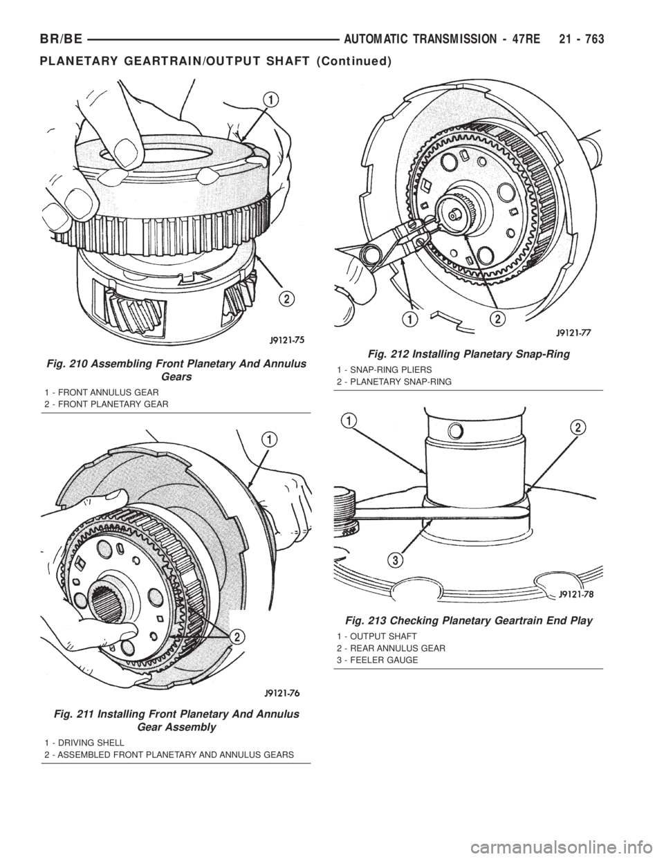 DODGE RAM 2001 Service Repair Manual Fig. 210 Assembling Front Planetary And Annulus
Gears
1 - FRONT ANNULUS GEAR
2 - FRONT PLANETARY GEAR
Fig. 211 Installing Front Planetary And Annulus
Gear Assembly
1 - DRIVING SHELL
2 - ASSEMBLED FRON DODGE RAM 2001 Service Repair Manual Fig. 210 Assembling Front Planetary And Annulus
Gears
1 - FRONT ANNULUS GEAR
2 - FRONT PLANETARY GEAR
Fig. 211 Installing Front Planetary And Annulus
Gear Assembly
1 - DRIVING SHELL
2 - ASSEMBLED FRON