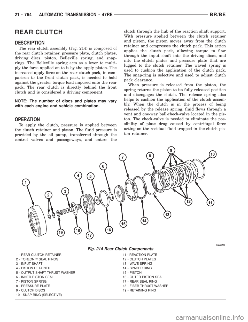 DODGE RAM 2001 Service Repair Manual REAR CLUTCH
DESCRIPTION
The rear clutch assembly (Fig. 214) is composed of
the rear clutch retainer, pressure plate, clutch plates,
driving discs, piston, Belleville spring, and snap-
rings. The Belle DODGE RAM 2001 Service Repair Manual REAR CLUTCH
DESCRIPTION
The rear clutch assembly (Fig. 214) is composed of
the rear clutch retainer, pressure plate, clutch plates,
driving discs, piston, Belleville spring, and snap-
rings. The Belle