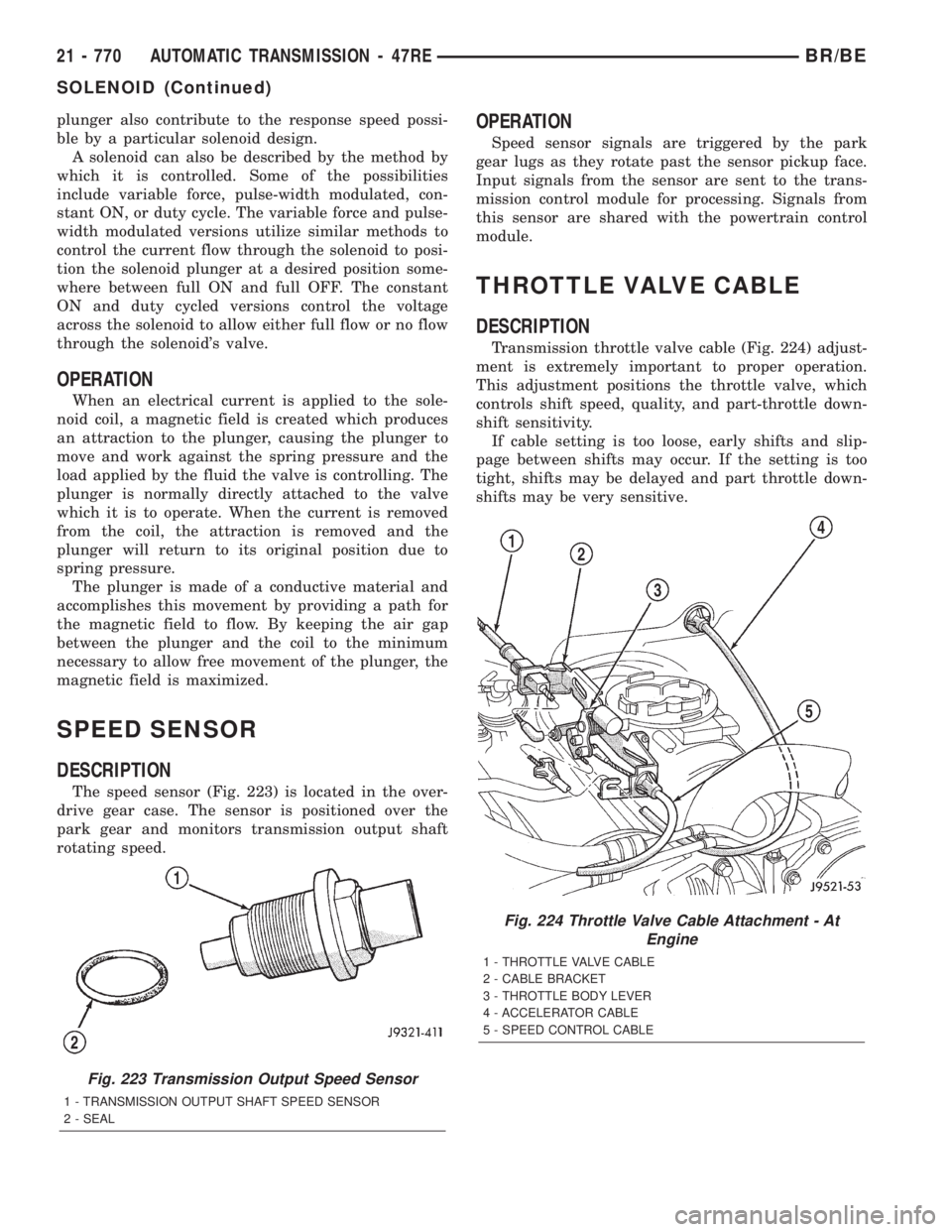 DODGE RAM 2001  Service Repair Manual plunger also contribute to the response speed possi-
ble by a particular solenoid design.
A solenoid can also be described by the method by
which it is controlled. Some of the possibilities
include va