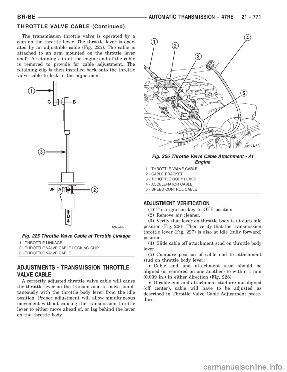 DODGE RAM 2001 Service Repair Manual The transmission throttle valve is operated by a
cam on the throttle lever. The throttle lever is oper-
ated by an adjustable cable (Fig. 225). The cable is
attached to an arm mounted on the throttle DODGE RAM 2001 Service Repair Manual The transmission throttle valve is operated by a
cam on the throttle lever. The throttle lever is oper-
ated by an adjustable cable (Fig. 225). The cable is
attached to an arm mounted on the throttle