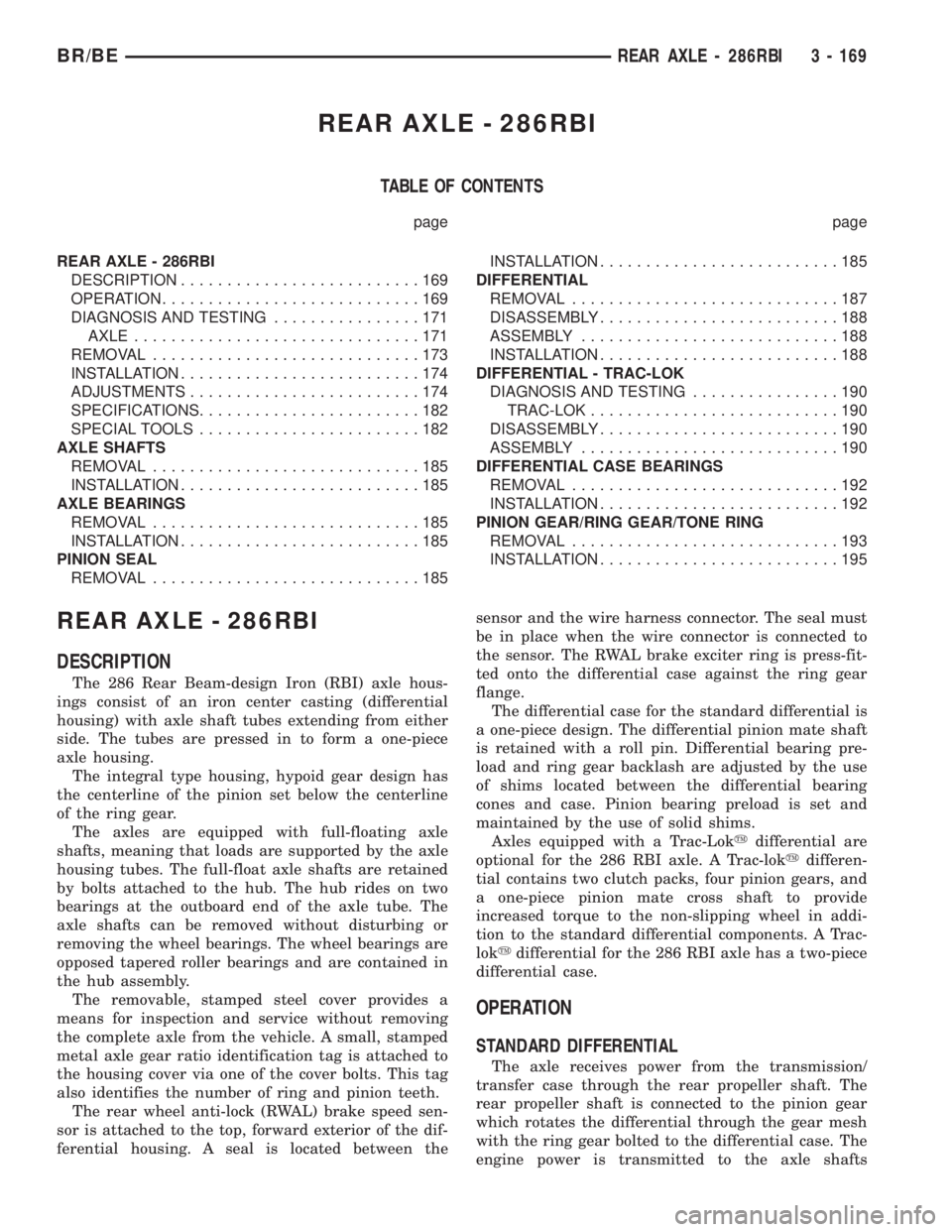 DODGE RAM 2001 Service Repair Manual REAR AXLE - 286RBI
TABLE OF CONTENTS
page page
REAR AXLE - 286RBI
DESCRIPTION..........................169
OPERATION............................169
DIAGNOSIS AND TESTING................171
AXLE....... DODGE RAM 2001 Service Repair Manual REAR AXLE - 286RBI
TABLE OF CONTENTS
page page
REAR AXLE - 286RBI
DESCRIPTION..........................169
OPERATION............................169
DIAGNOSIS AND TESTING................171
AXLE.......