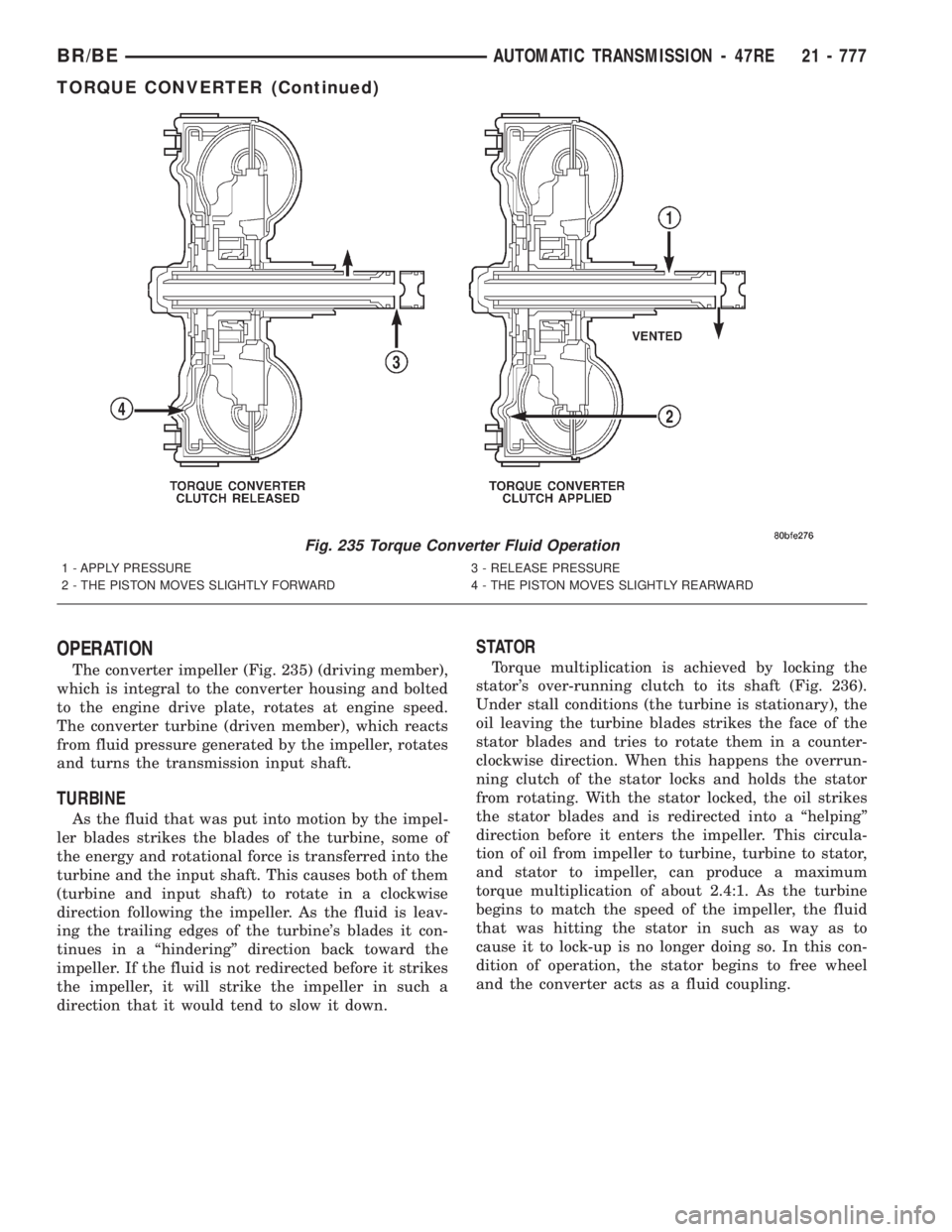 DODGE RAM 2001 Service Repair Manual OPERATION
The converter impeller (Fig. 235) (driving member),
which is integral to the converter housing and bolted
to the engine drive plate, rotates at engine speed.
The converter turbine (driven me DODGE RAM 2001 Service Repair Manual OPERATION
The converter impeller (Fig. 235) (driving member),
which is integral to the converter housing and bolted
to the engine drive plate, rotates at engine speed.
The converter turbine (driven me