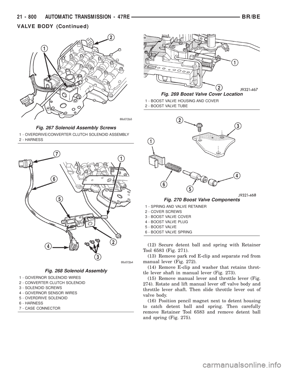DODGE RAM 2001 Service Repair Manual (12) Secure detent ball and spring with Retainer
Tool 6583 (Fig. 271).
(13) Remove park rod E-clip and separate rod from
manual lever (Fig. 272).
(14) Remove E-clip and washer that retains throt-
tle DODGE RAM 2001 Service Repair Manual (12) Secure detent ball and spring with Retainer
Tool 6583 (Fig. 271).
(13) Remove park rod E-clip and separate rod from
manual lever (Fig. 272).
(14) Remove E-clip and washer that retains throt-
tle