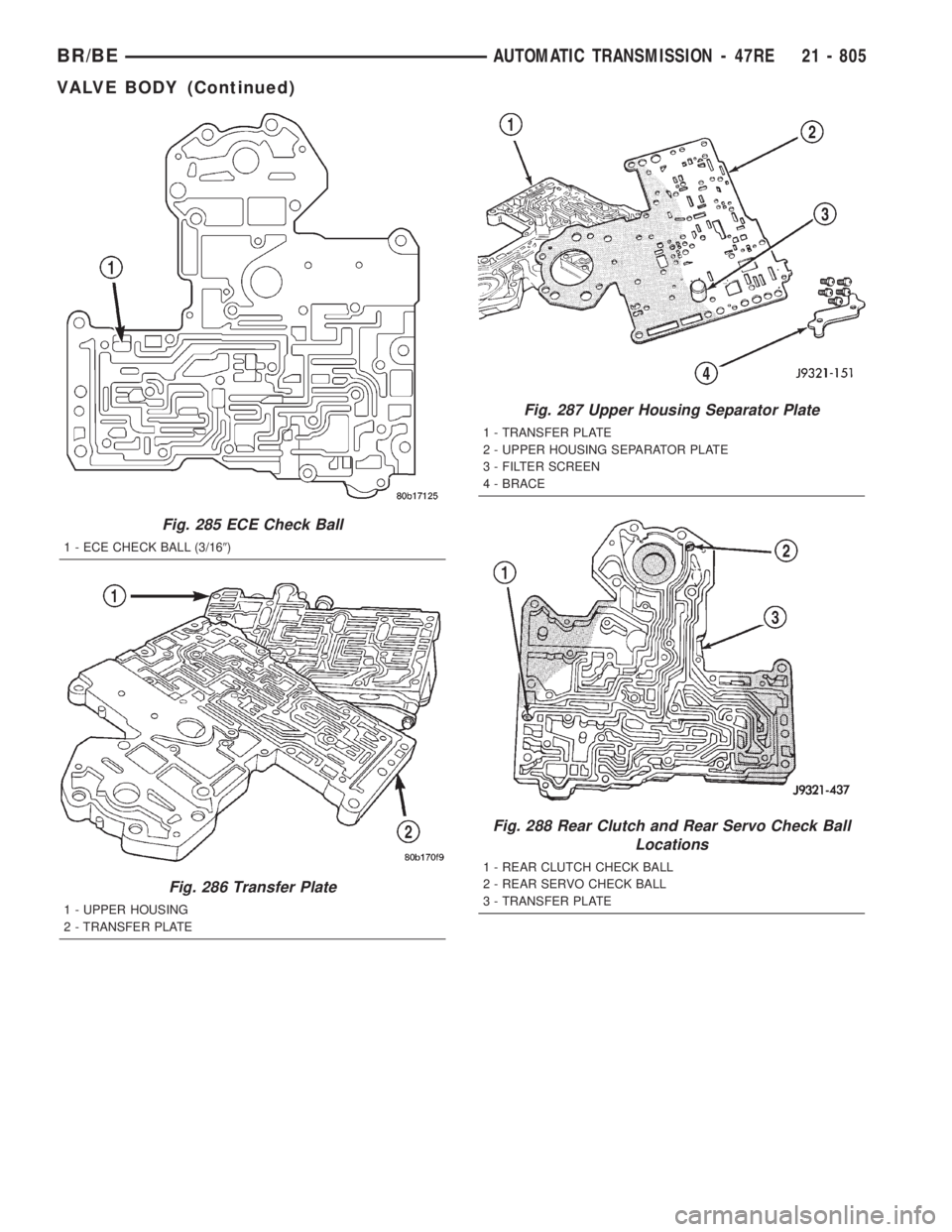 DODGE RAM 2001 Service Repair Manual Fig. 285 ECE Check Ball
1 - ECE CHECK BALL (3/169)
Fig. 286 Transfer Plate
1 - UPPER HOUSING
2 - TRANSFER PLATE
Fig. 287 Upper Housing Separator Plate
1 - TRANSFER PLATE
2 - UPPER HOUSING SEPARATOR PL DODGE RAM 2001 Service Repair Manual Fig. 285 ECE Check Ball
1 - ECE CHECK BALL (3/169)
Fig. 286 Transfer Plate
1 - UPPER HOUSING
2 - TRANSFER PLATE
Fig. 287 Upper Housing Separator Plate
1 - TRANSFER PLATE
2 - UPPER HOUSING SEPARATOR PL