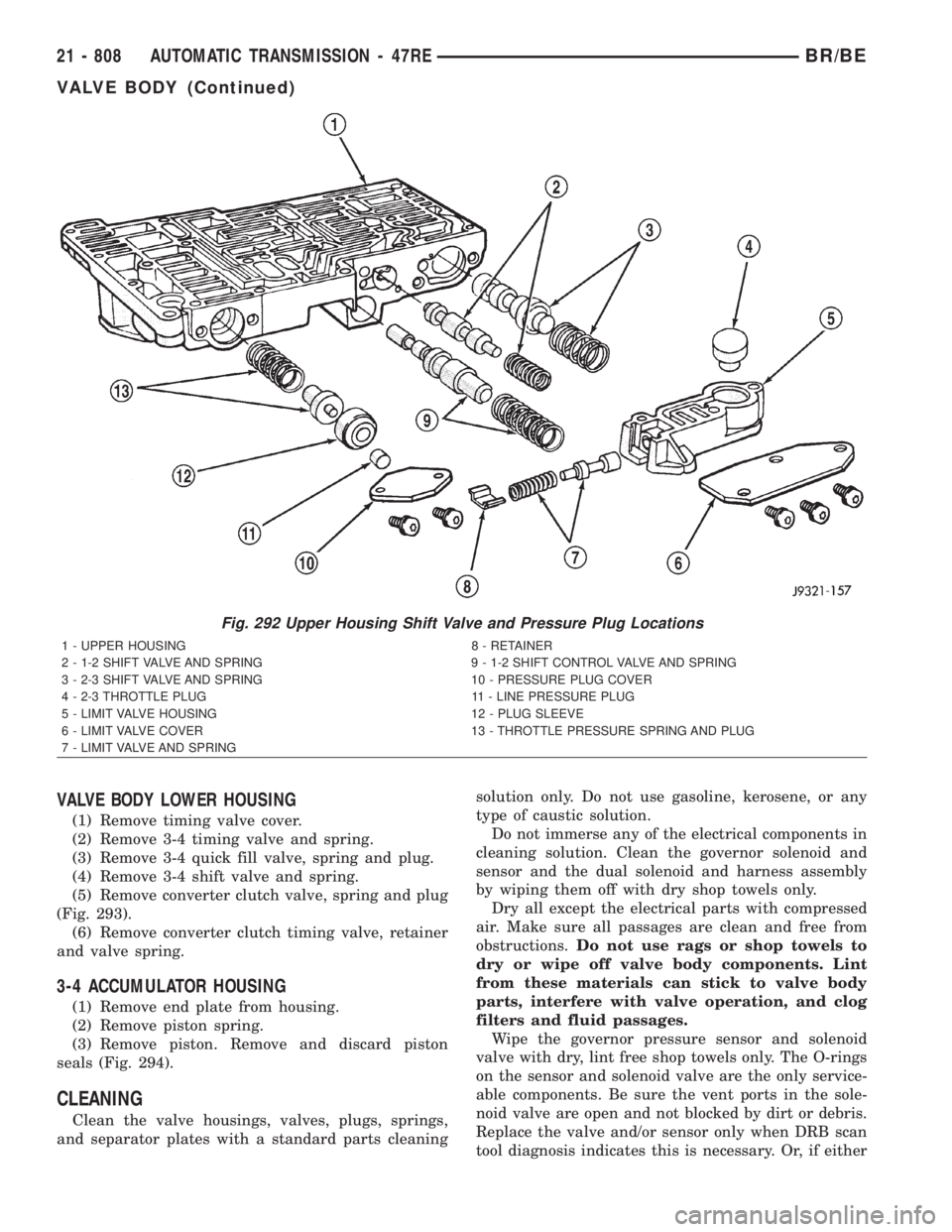 DODGE RAM 2001 Service Repair Manual VALVE BODY LOWER HOUSING
(1) Remove timing valve cover.
(2) Remove 3-4 timing valve and spring.
(3) Remove 3-4 quick fill valve, spring and plug.
(4) Remove 3-4 shift valve and spring.
(5) Remove conv DODGE RAM 2001 Service Repair Manual VALVE BODY LOWER HOUSING
(1) Remove timing valve cover.
(2) Remove 3-4 timing valve and spring.
(3) Remove 3-4 quick fill valve, spring and plug.
(4) Remove 3-4 shift valve and spring.
(5) Remove conv