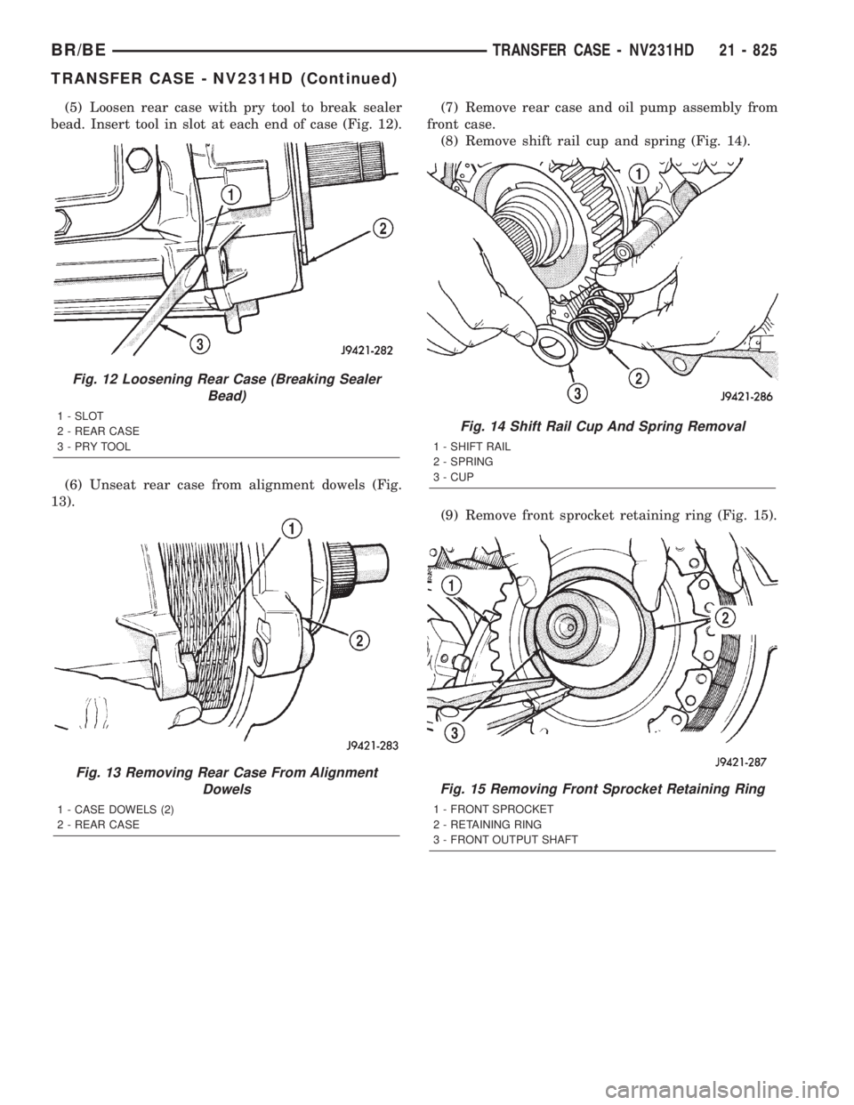 DODGE RAM 2001 Service Repair Manual (5) Loosen rear case with pry tool to break sealer
bead. Insert tool in slot at each end of case (Fig. 12).
(6) Unseat rear case from alignment dowels (Fig.
13).(7) Remove rear case and oil pump assem DODGE RAM 2001 Service Repair Manual (5) Loosen rear case with pry tool to break sealer
bead. Insert tool in slot at each end of case (Fig. 12).
(6) Unseat rear case from alignment dowels (Fig.
13).(7) Remove rear case and oil pump assem